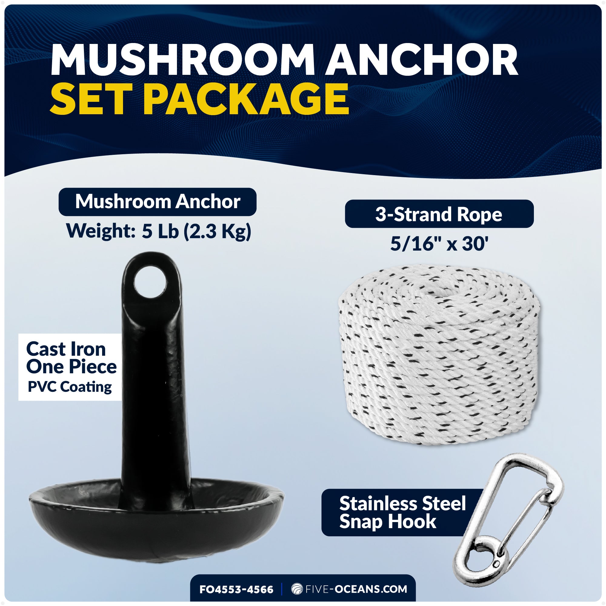 5 Lb Mushroom Boat Anchor Kit, Black PVC Vinyl Coating, 5/16"x30' 3-Strand Rope, Marine Snap Hook - 4553-4566 - Five Oceans