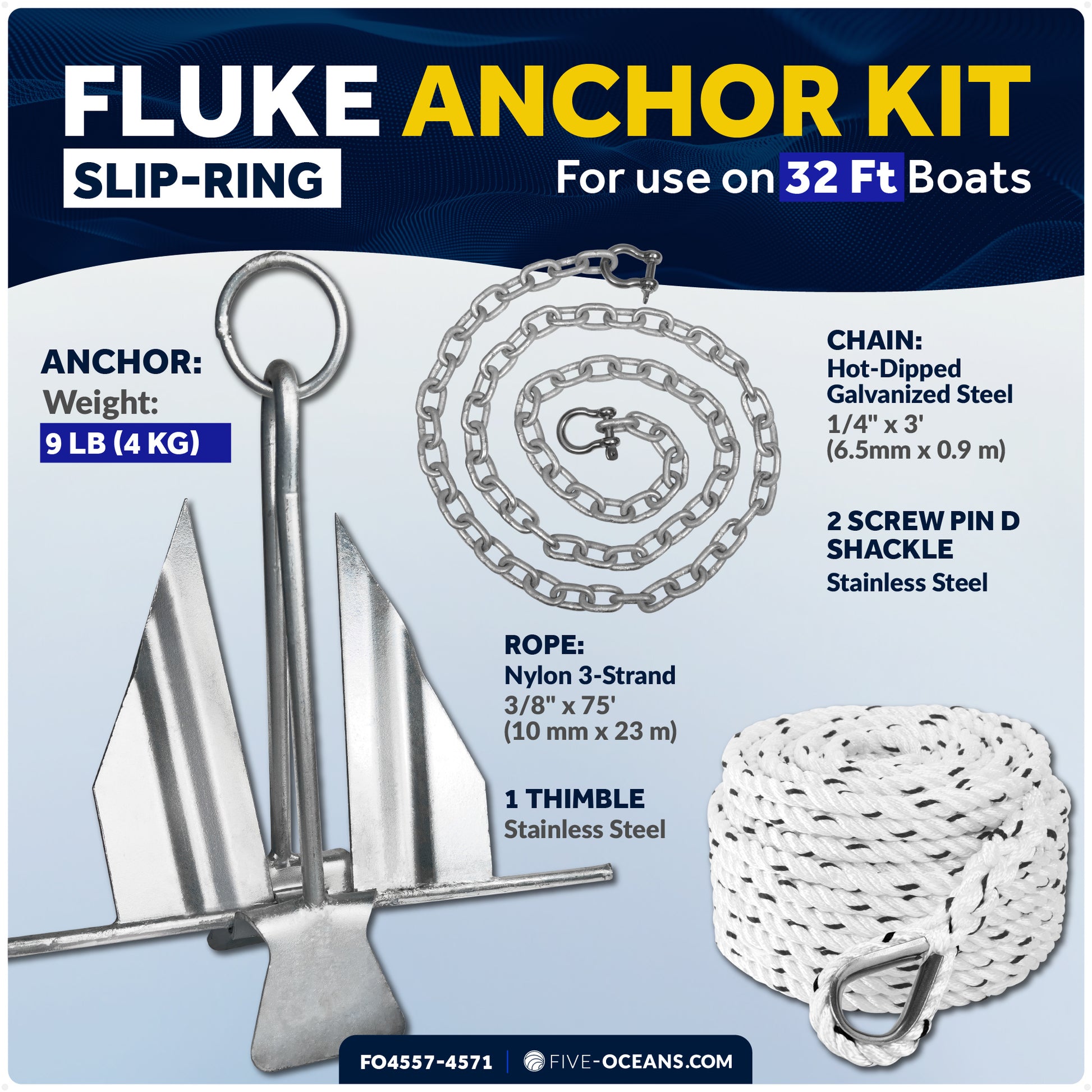 9 Lb Boat Fluke Anchor Kit, Slip Ring Shank, Hot Dipped Galvanized, Rope, Chain and Shackle - FO4557-4571 - Five Oceans