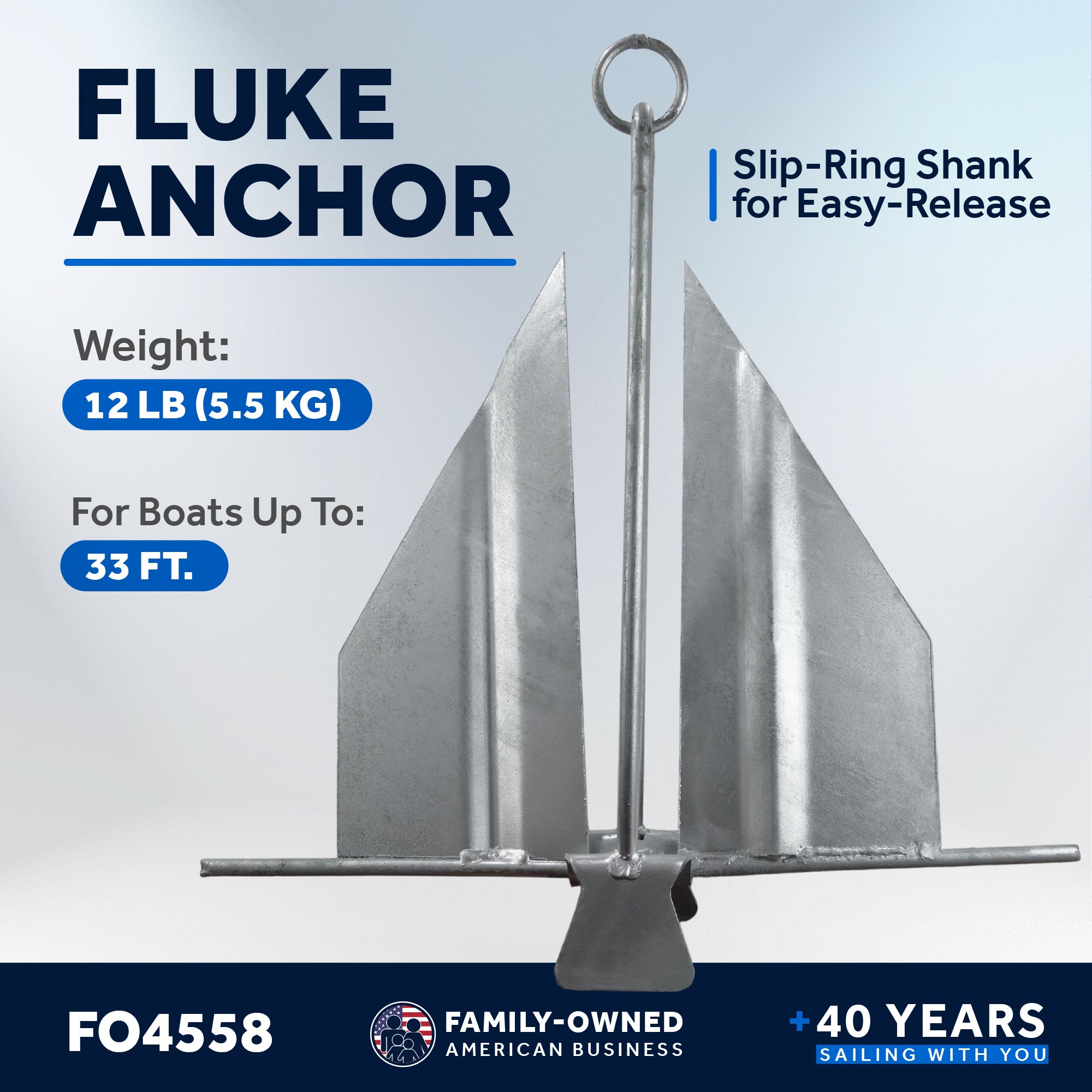 Boat Fluke Anchor, 12 Lb Easy-Release Galvanized Steel, Slip Ring Shank - FO4558