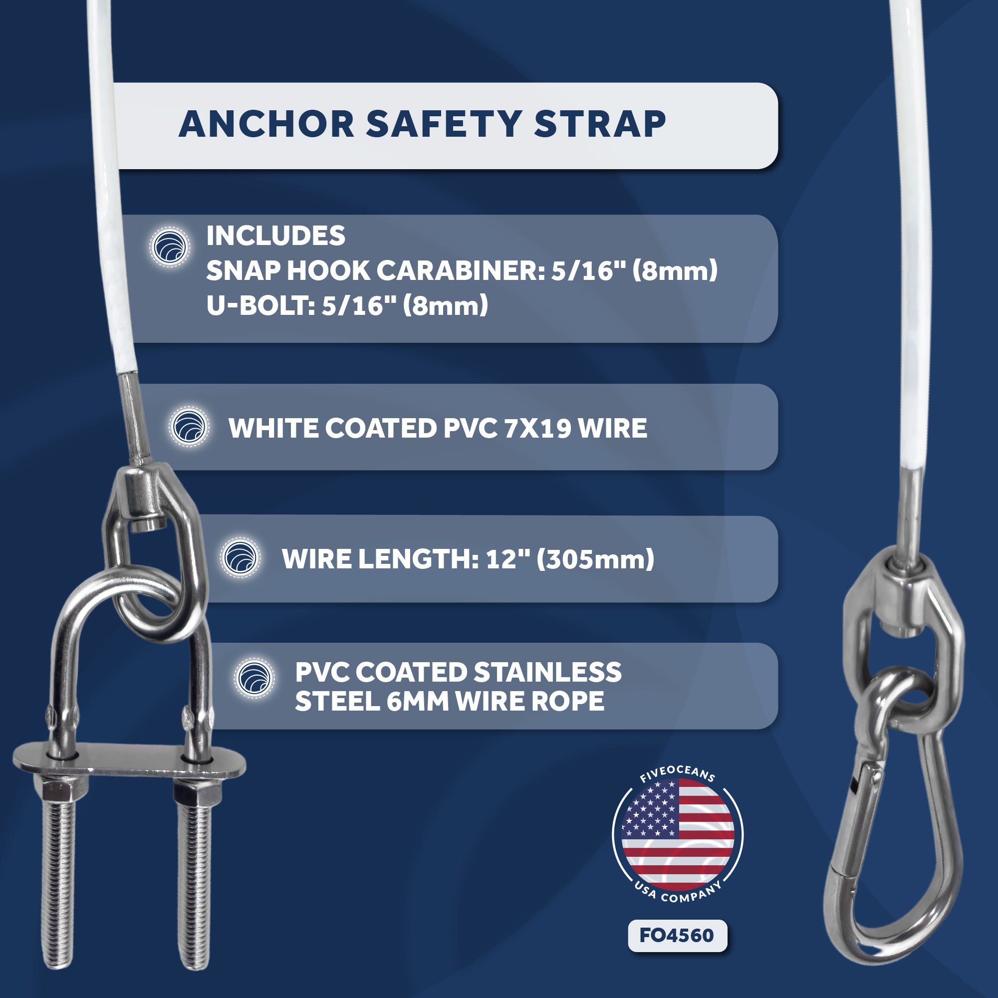 Anchor Safety Strap, Snap Hook Carabiner and 5/16" U-Bolt - FO4560 - Five Oceans