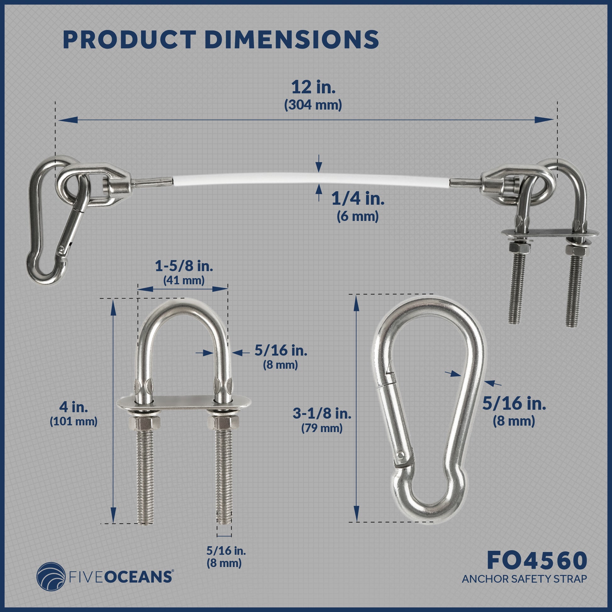 Anchor Safety Strap, Snap Hook Carabiner and 5/16" U-Bolt - FO4560 - Five Oceans