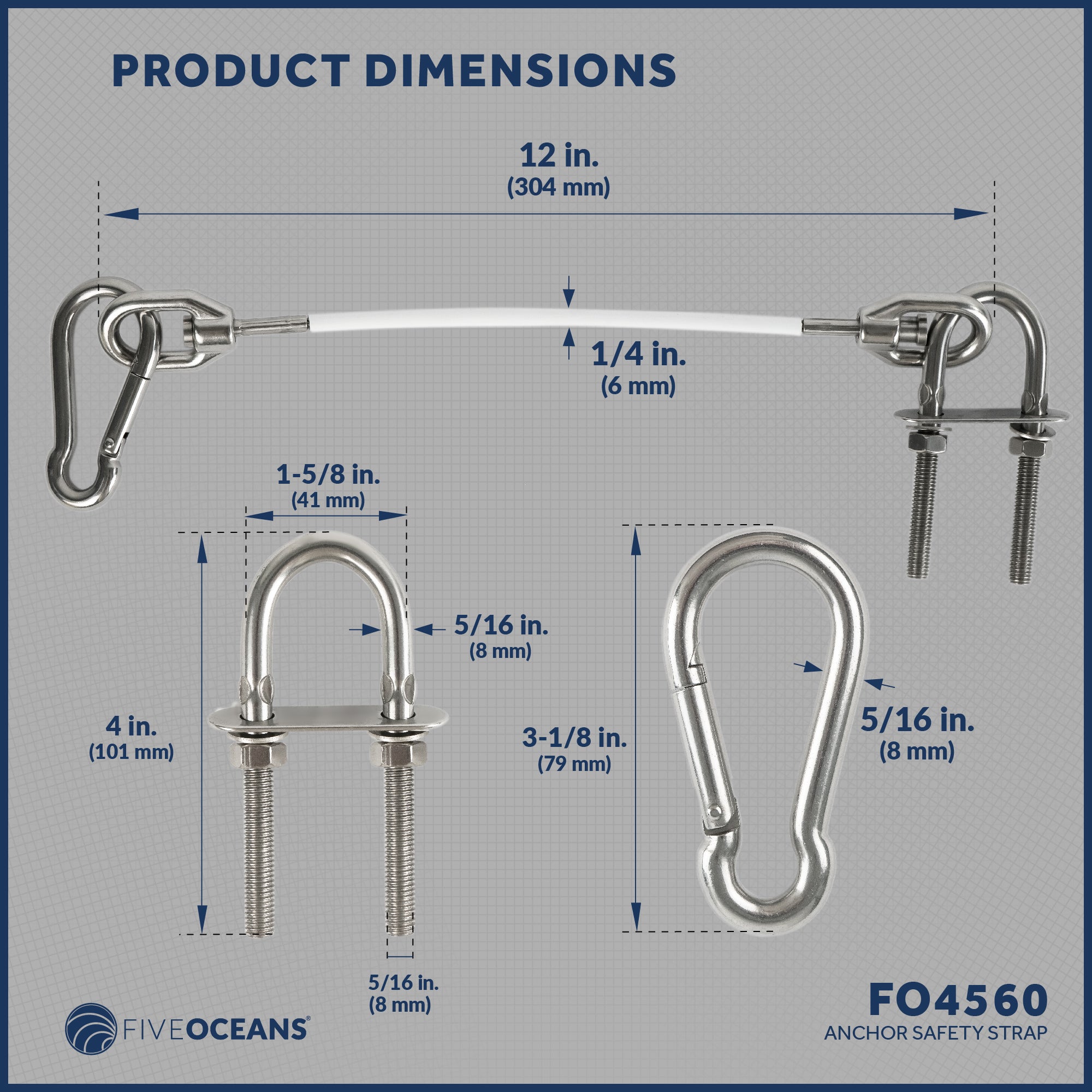 Anchor Safety Strap, Snap Hook Carabiner and 5/16" U-Bolt - FO4560 - Five Oceans