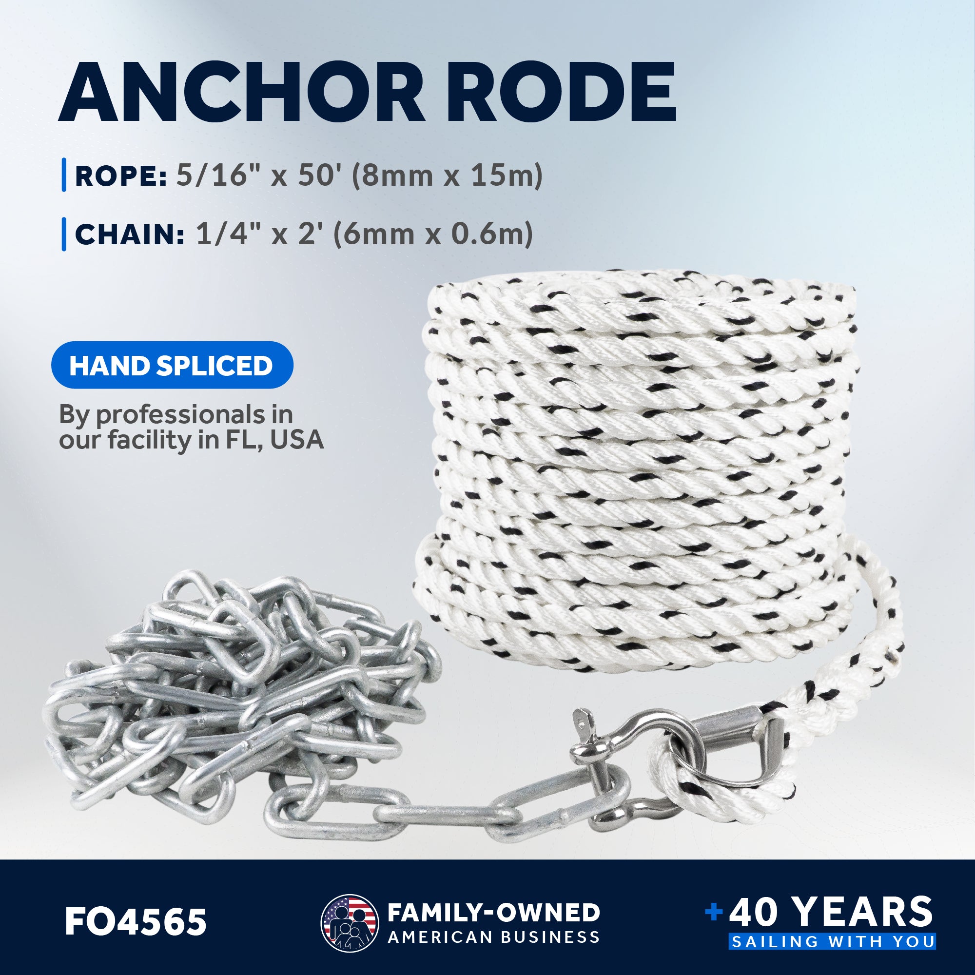 Anchor Rode, 5/16" x 50' Nylon 3-Strand Rope, 1/4" x 2' Hot Dipped Galvanized Steel Chain - FO4565