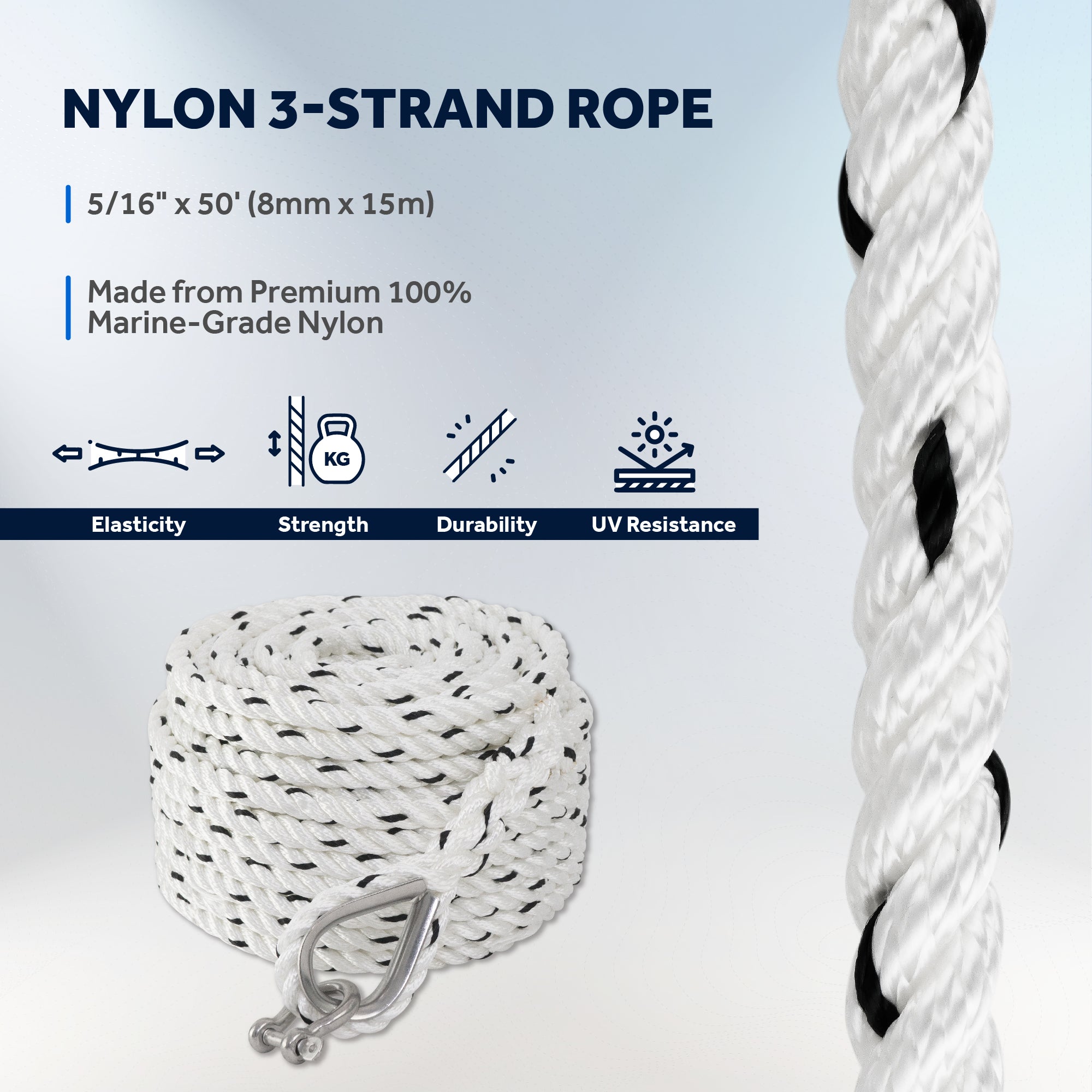 Anchor Rode, 5/16" x 50' Nylon 3-Strand Rope, 1/4" x 2' Hot Dipped Galvanized Steel Chain - FO4565