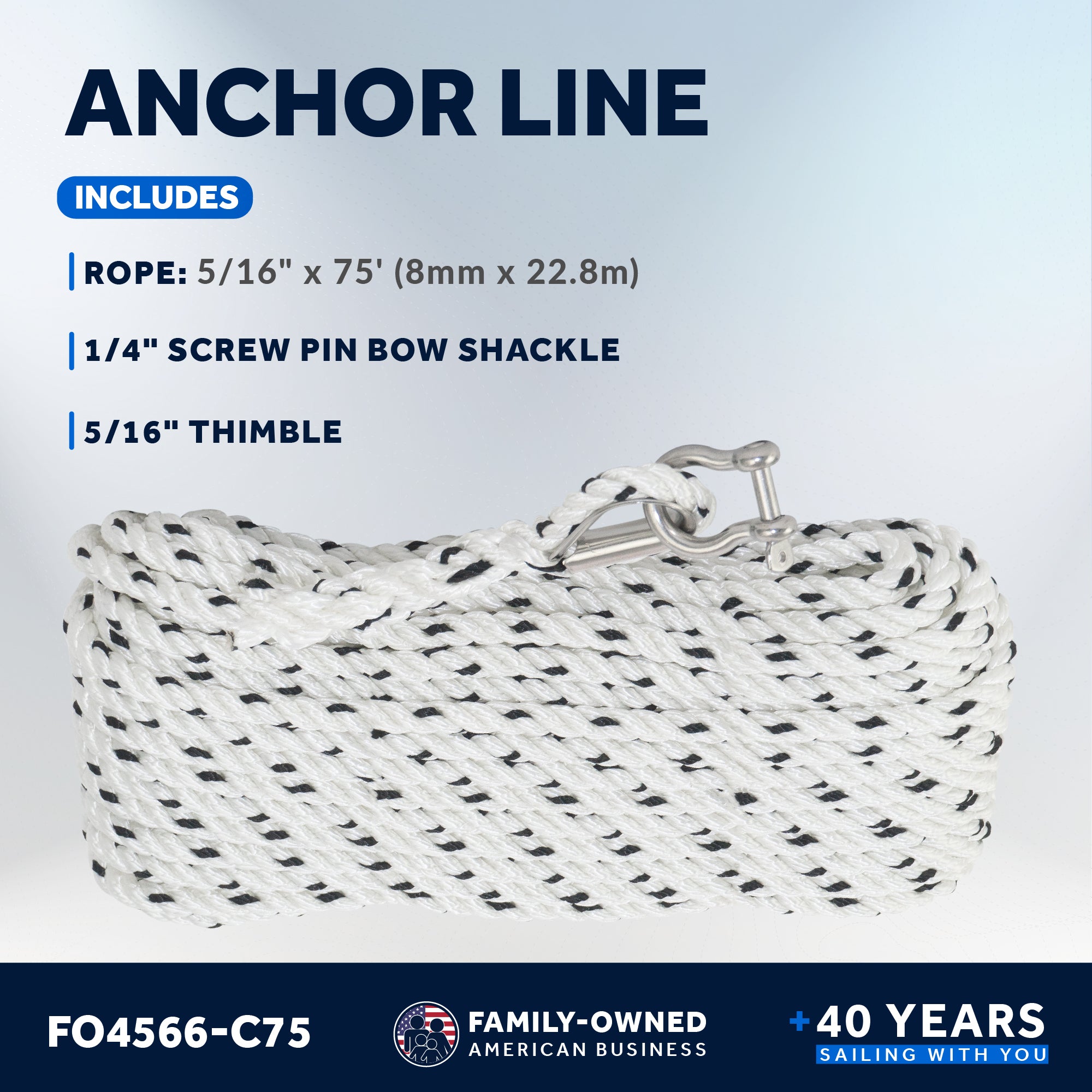 Anchor Line 5/16" x 75', 3-Strand Nylon, Spliced - FO4566-C75