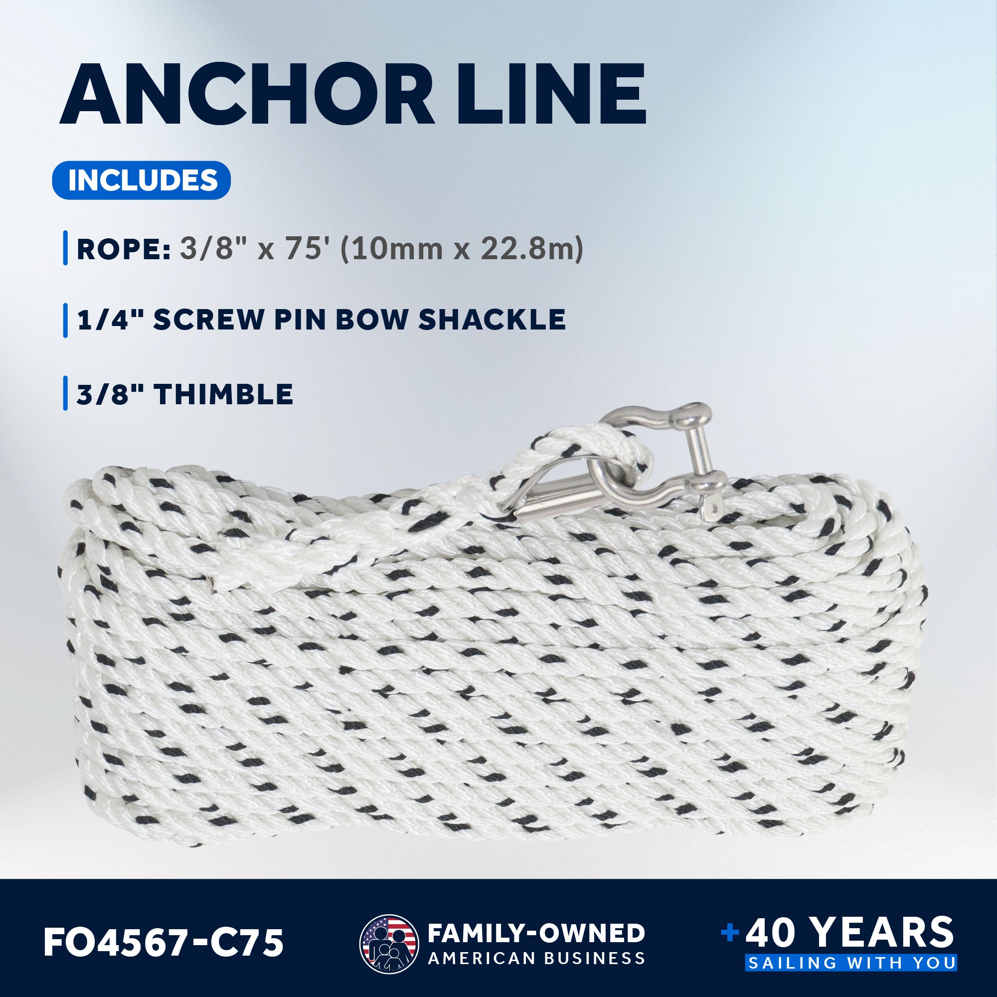 Anchor Line 3/8" x 75', 3-Strand Nylon, Spliced - FO4567-C75