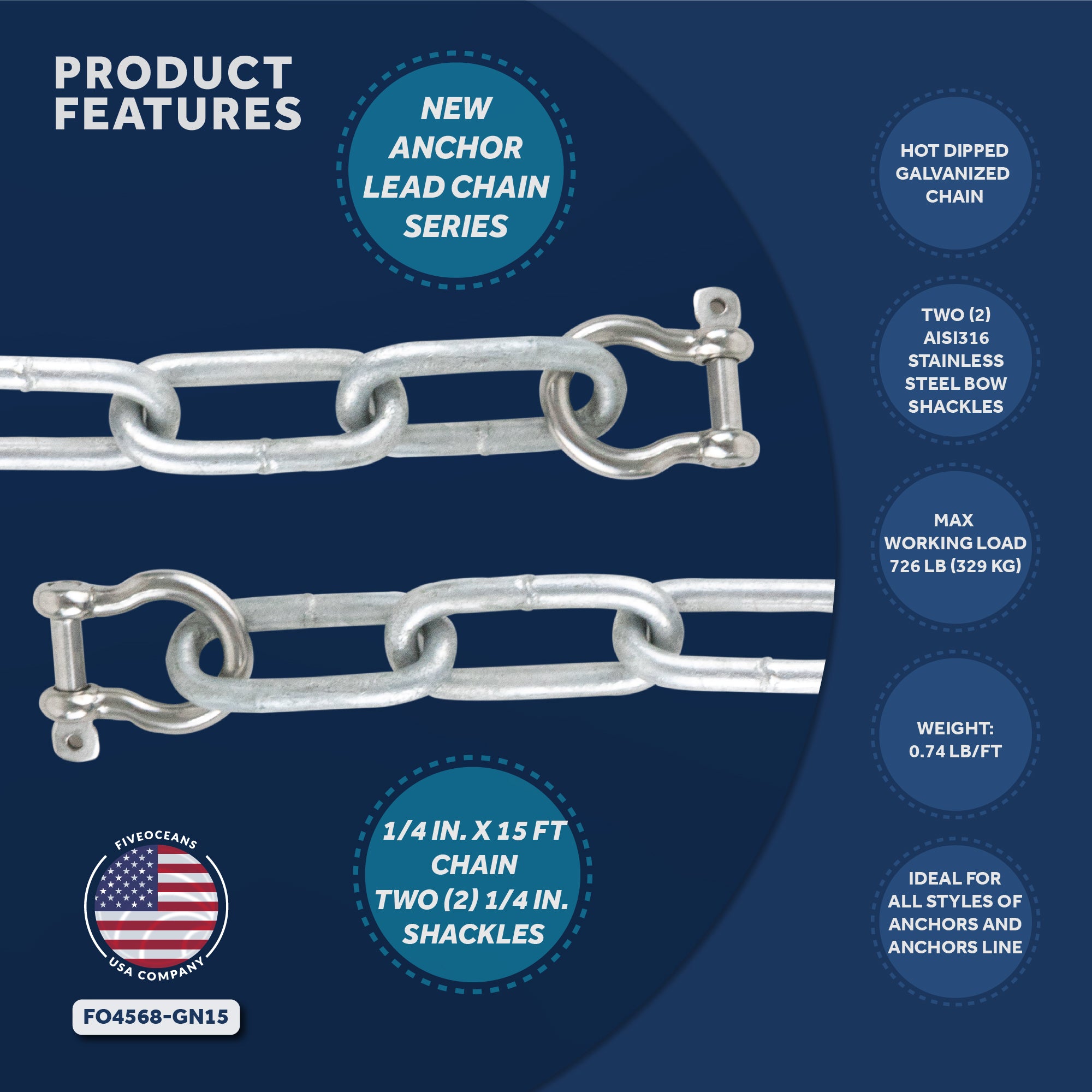 Boat Anchor Lead Chain with Shackles, 1/4 inches x 15 Feet Hot-Dipped Galvanized Steel with 2 AISI316 Stainless Steel 1/4 inches Bow Shackles FO4568-GN15 - Five Oceans
