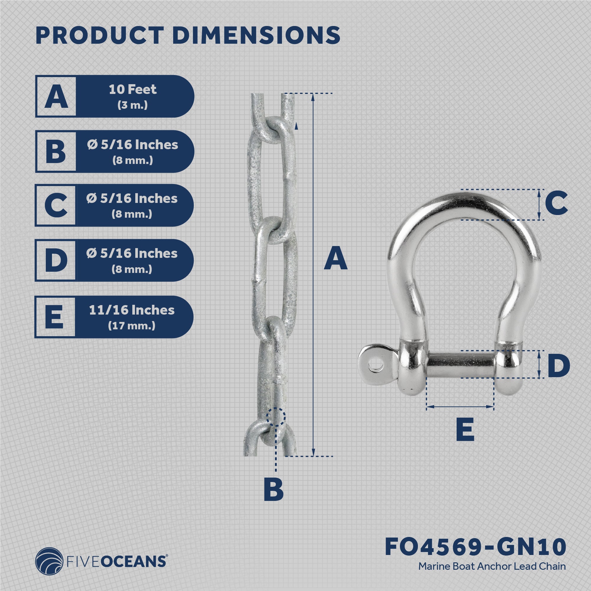 Boat Anchor Lead Chain with Shackles, 5/16 inches x 10 Feet Hot-Dipped Galvanized Steel with 2 AISI316 Stainless Steel 5/16 inches Bow Shackles FO4569-GN10 - Five Oceans