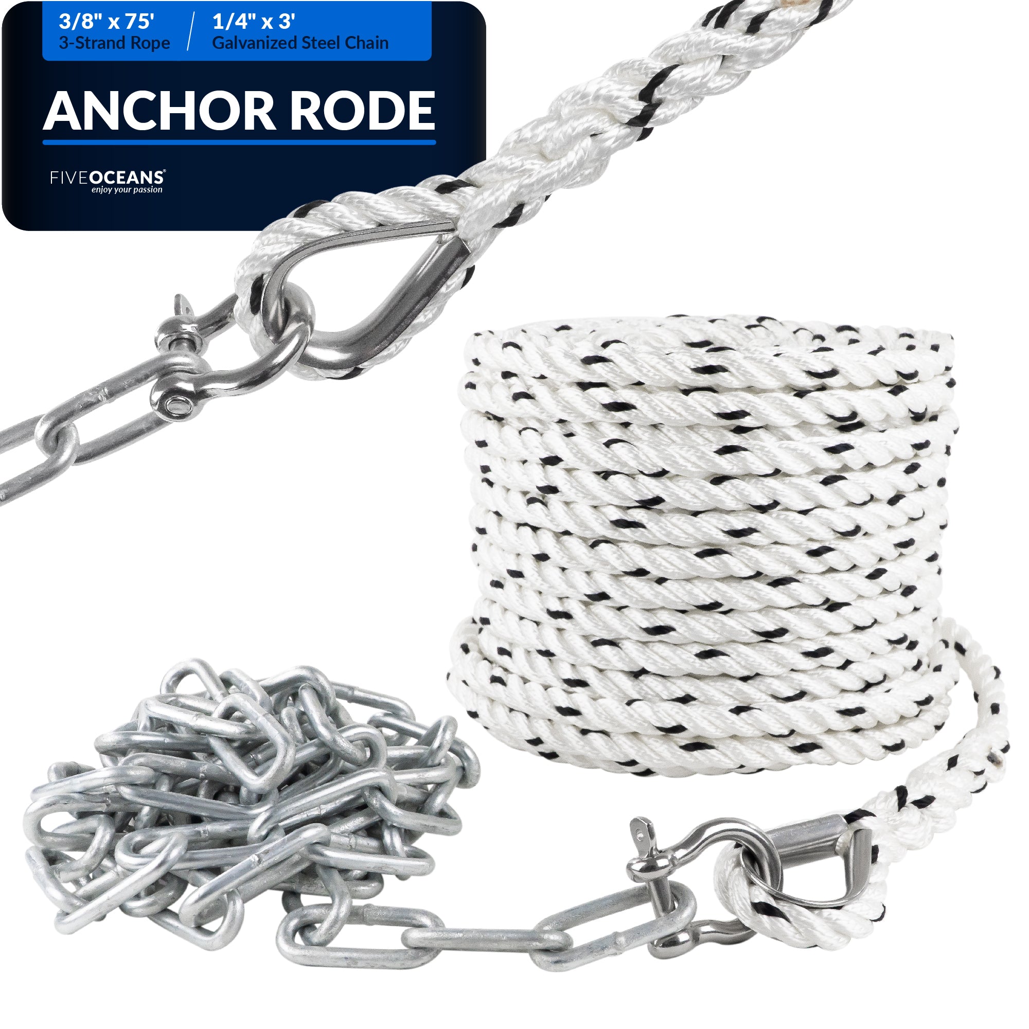 Anchor Rode, 3/8" x 75' Nylon 3-Strand Rope, 1/4" x 3' Hot Dipped Galvanized Steel Chain - FO4571