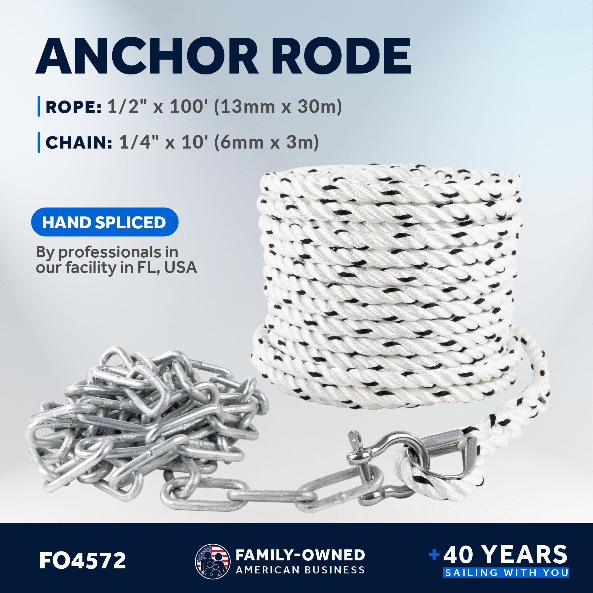 Anchor Rode, 1/2" x 100' Nylon 3-Strand Rope, 1/4" x 10' Hot Dipped Galvanized Steel Chain - FO4572