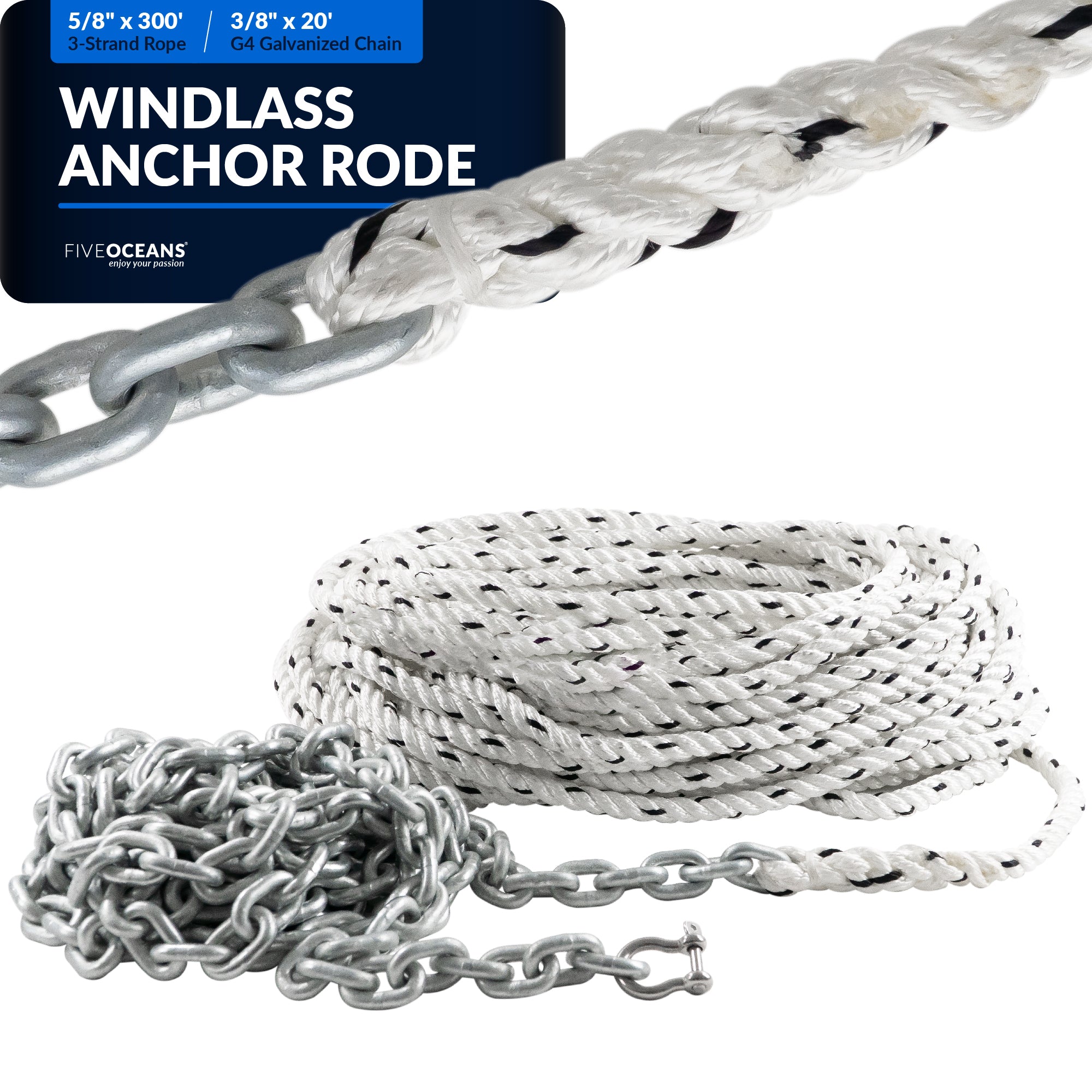 Windlass Anchor Rode, 5/8" x 300' Nylon 3-Strand Rope, 3/8" x 20' G4 Hot-Dipped Galvanized Steel Chain - FO4574