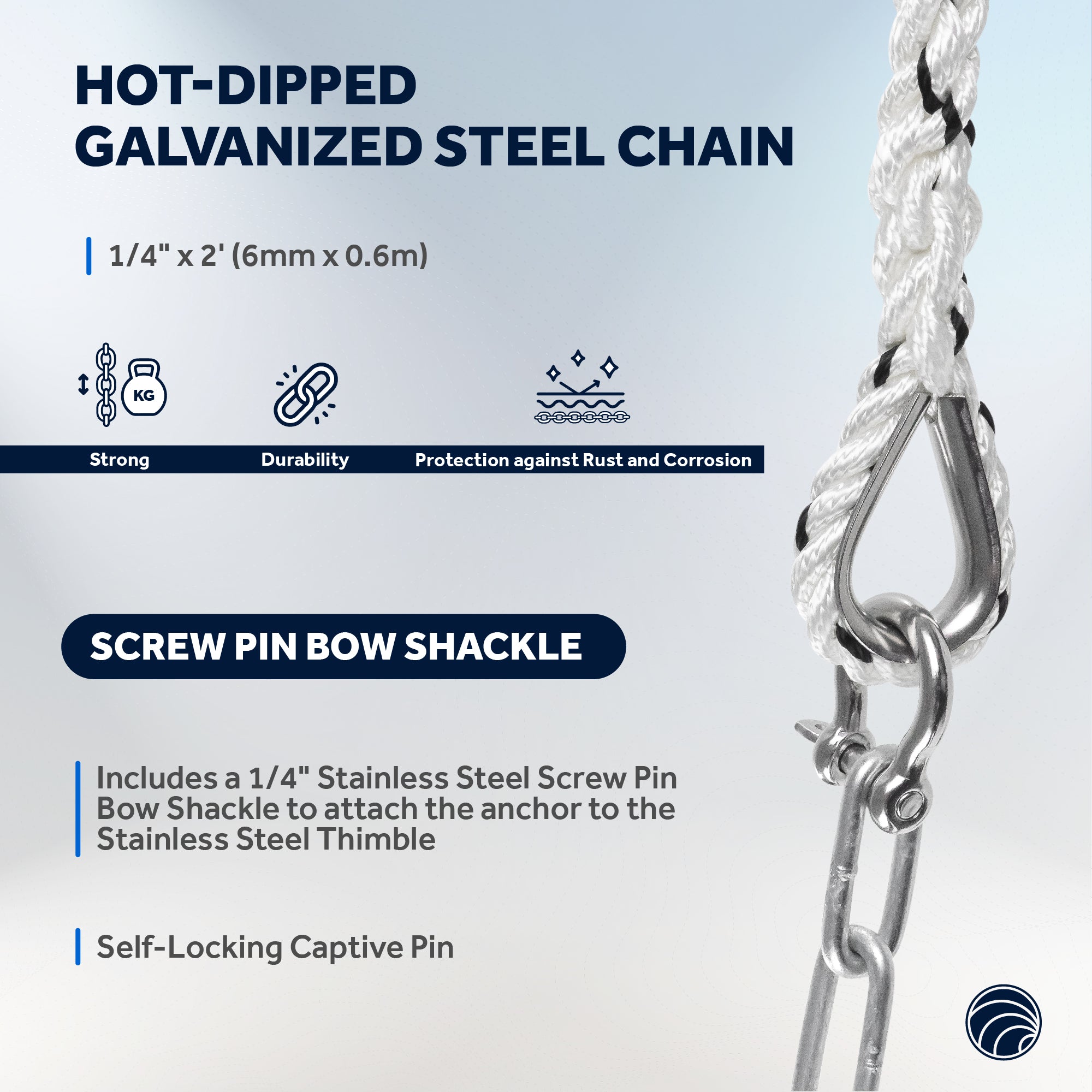 Anchor Rode, 5/16" x 75' Nylon 3-Strand Rope, 1/4" x 2' Hot Dipped Galvanized Steel Chain - FO4576