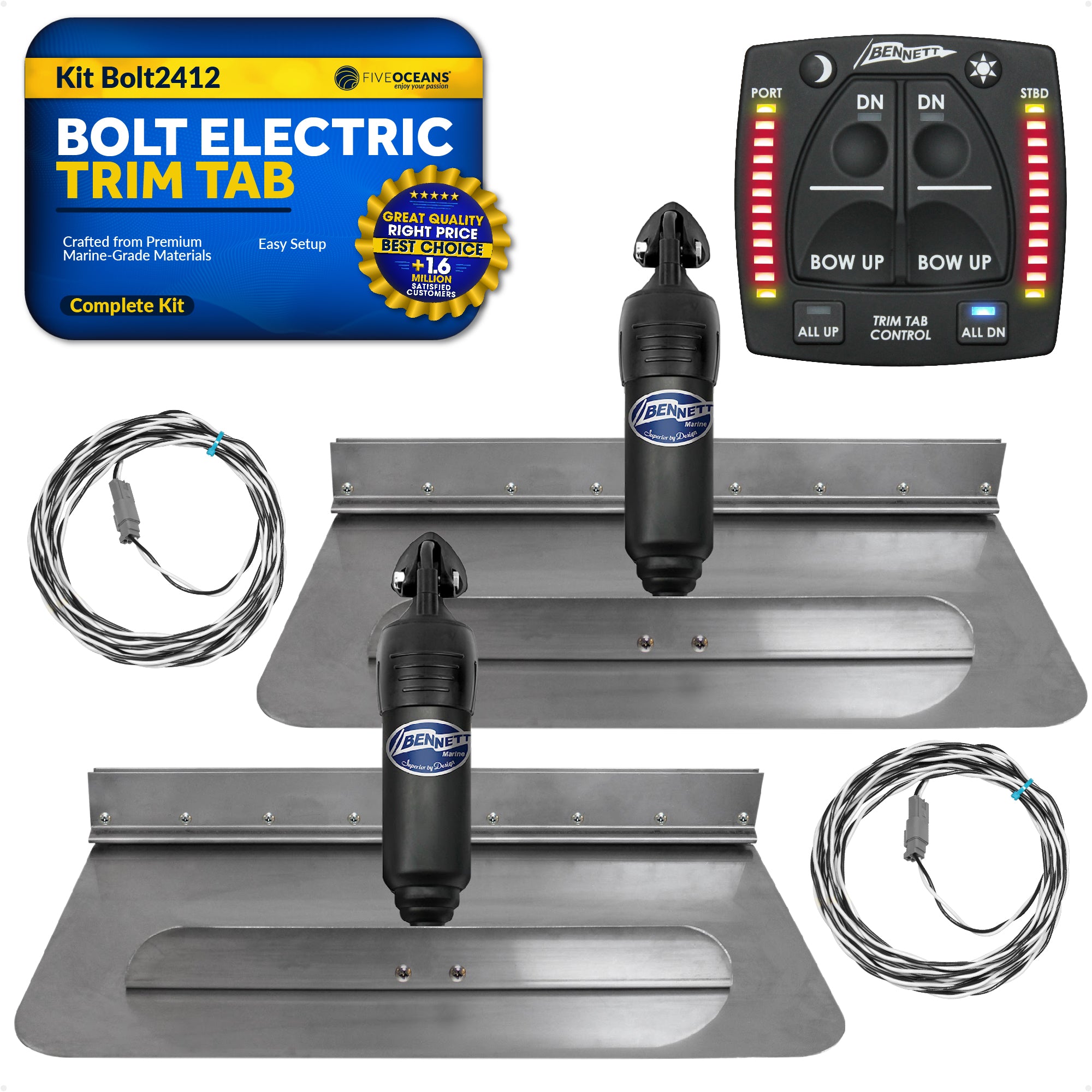 Bolt Electric Trim Tab System 24" x 12", Complete Kit BOLT2412, 12V DC - FO4585 - Five Oceans