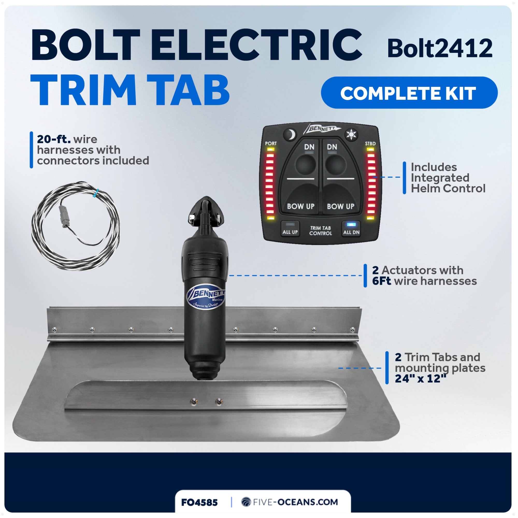 Bolt Electric Trim Tab System 24" x 12", Complete Kit BOLT2412, 12V DC - FO4585 - Five Oceans