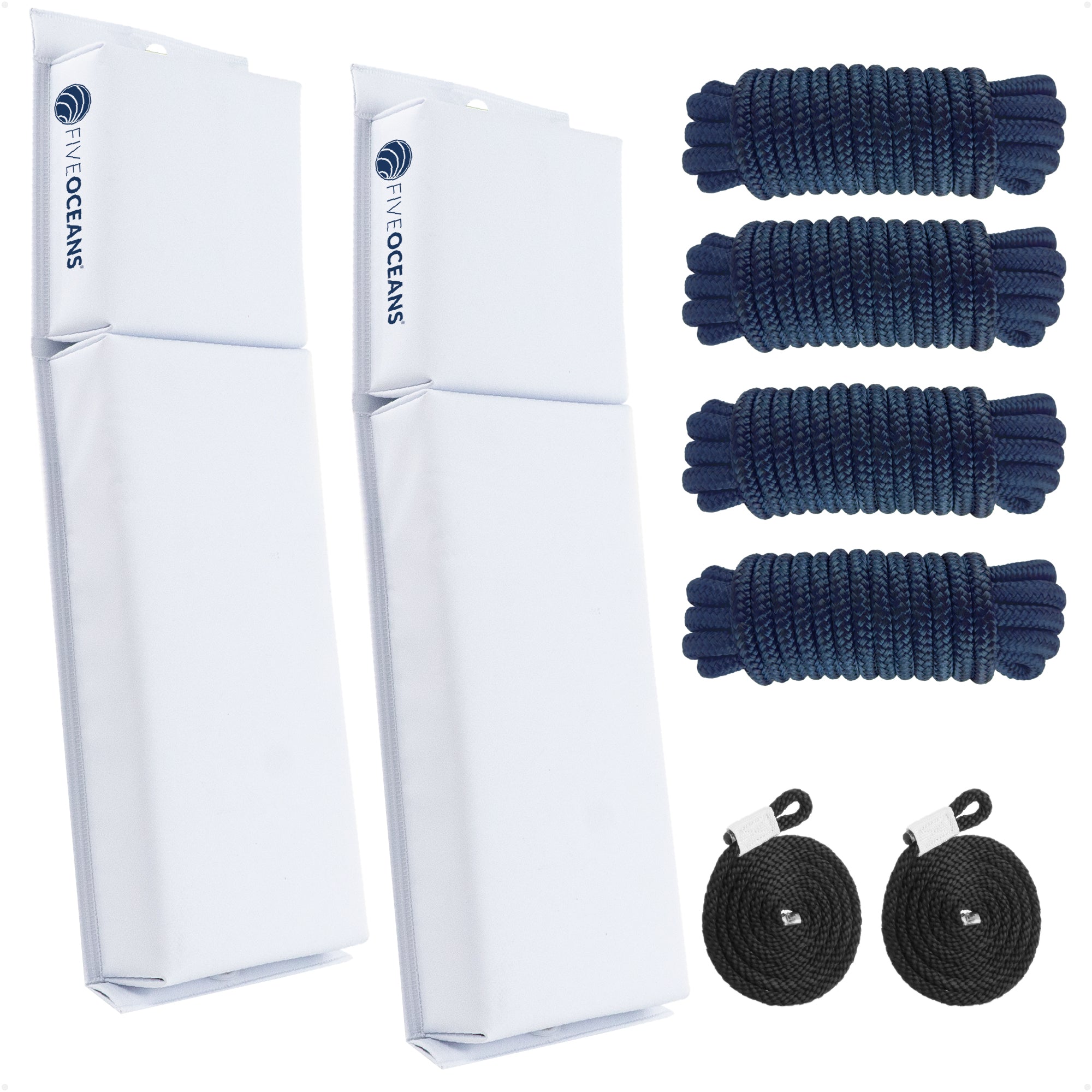 Flat Boat Fender Kit, 2-Pack White 24" x 6-7/8" x 2-1/2", Includes 1/2" x 15' Dock Lines - FO4614-C1 - Five Oceans