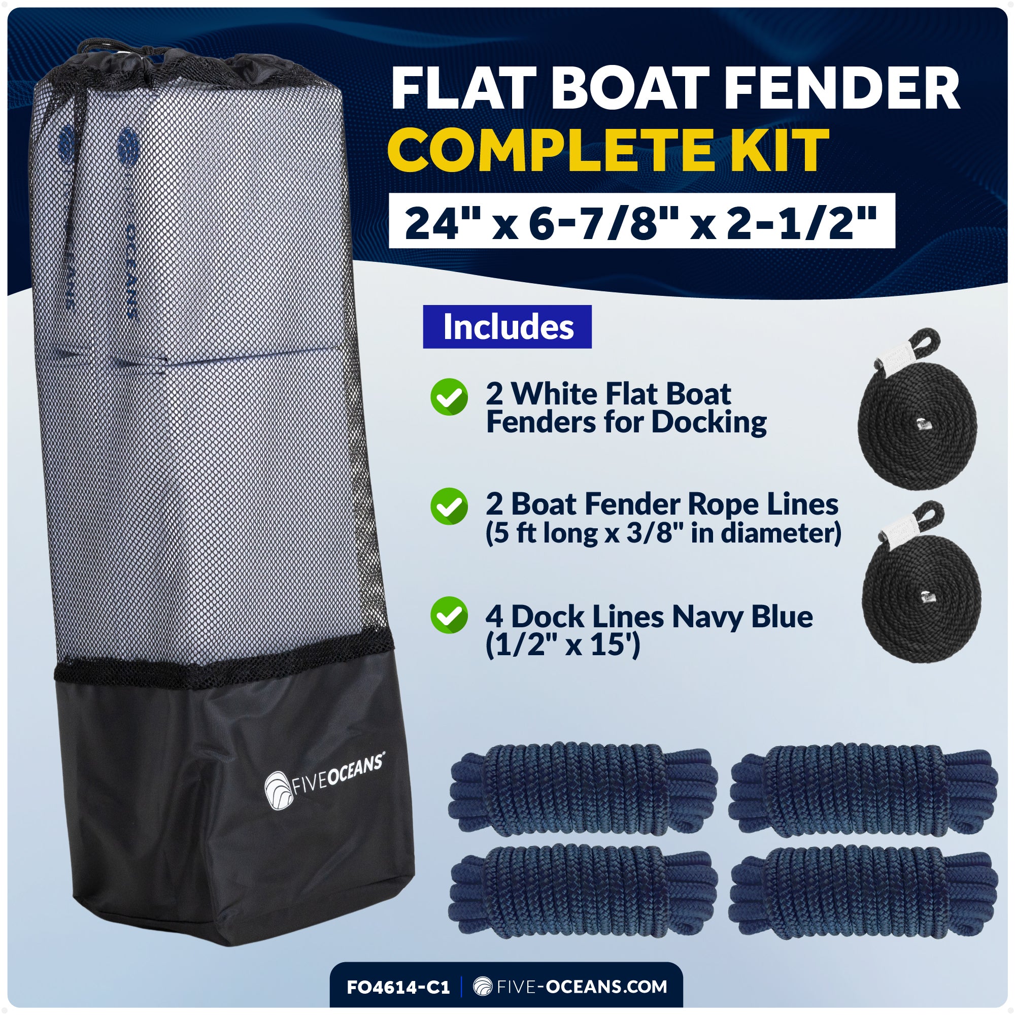 Flat Boat Fender Kit, 2-Pack White 24" x 6-7/8" x 2-1/2", Includes 1/2" x 15' Dock Lines - FO4614-C1 - Five Oceans