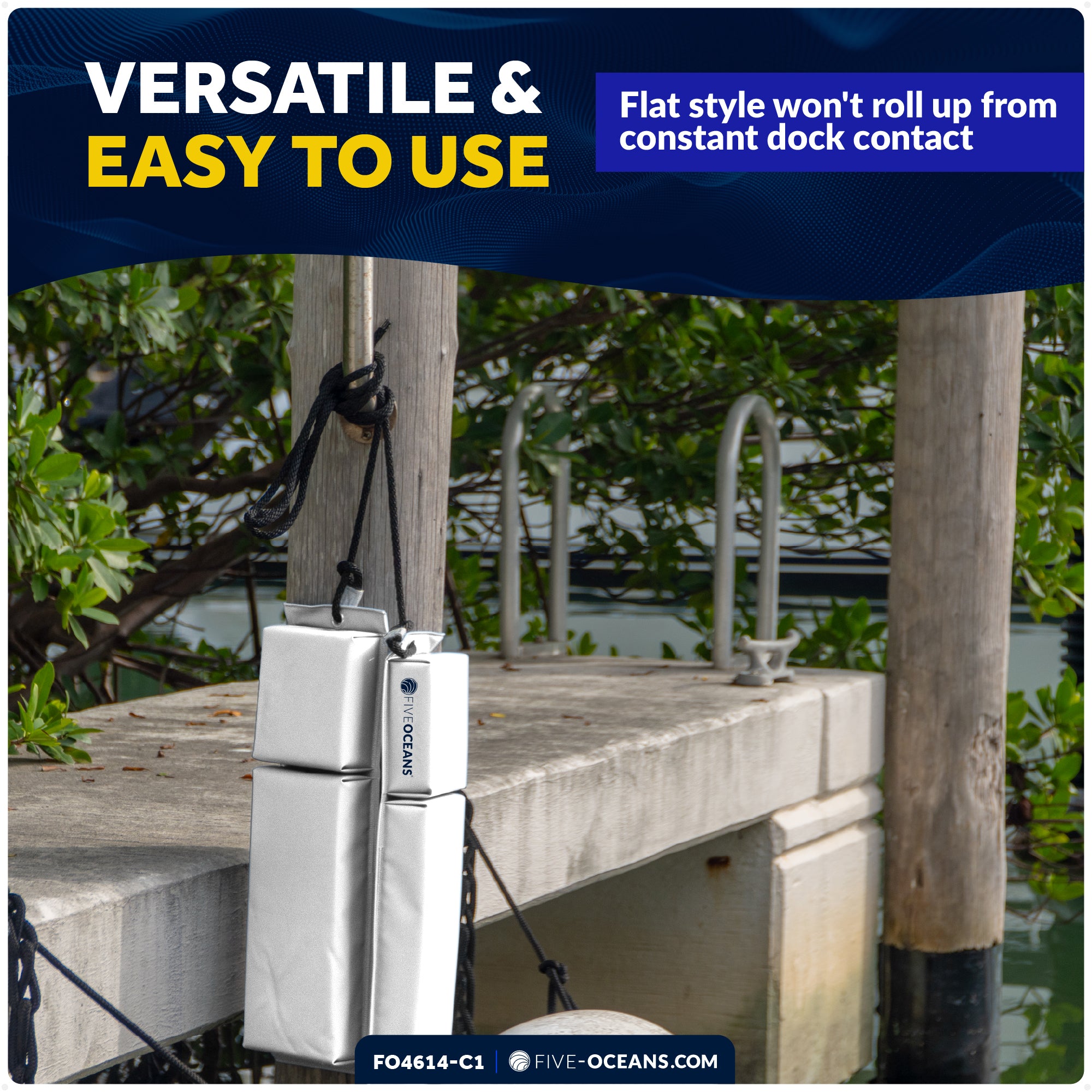 Flat Boat Fender Kit, 2-Pack White 24" x 6-7/8" x 2-1/2", Includes 1/2" x 15' Dock Lines - FO4614-C1 - Five Oceans