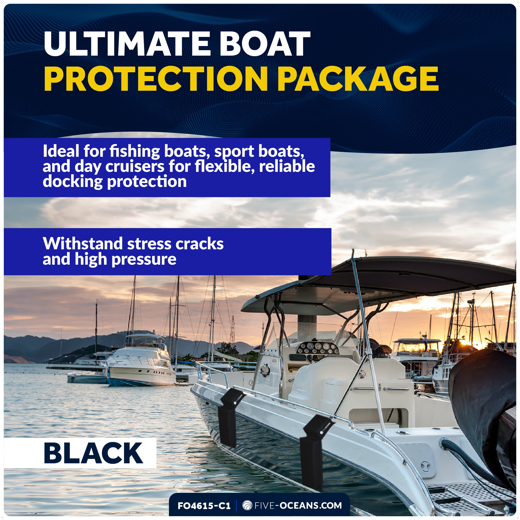 Flat Boat Fender Kit, 2-Pack Black 24" x 6-7/8" x 2-1/2", Includes 1/2" x 15' Dock Lines - FO4615-C1