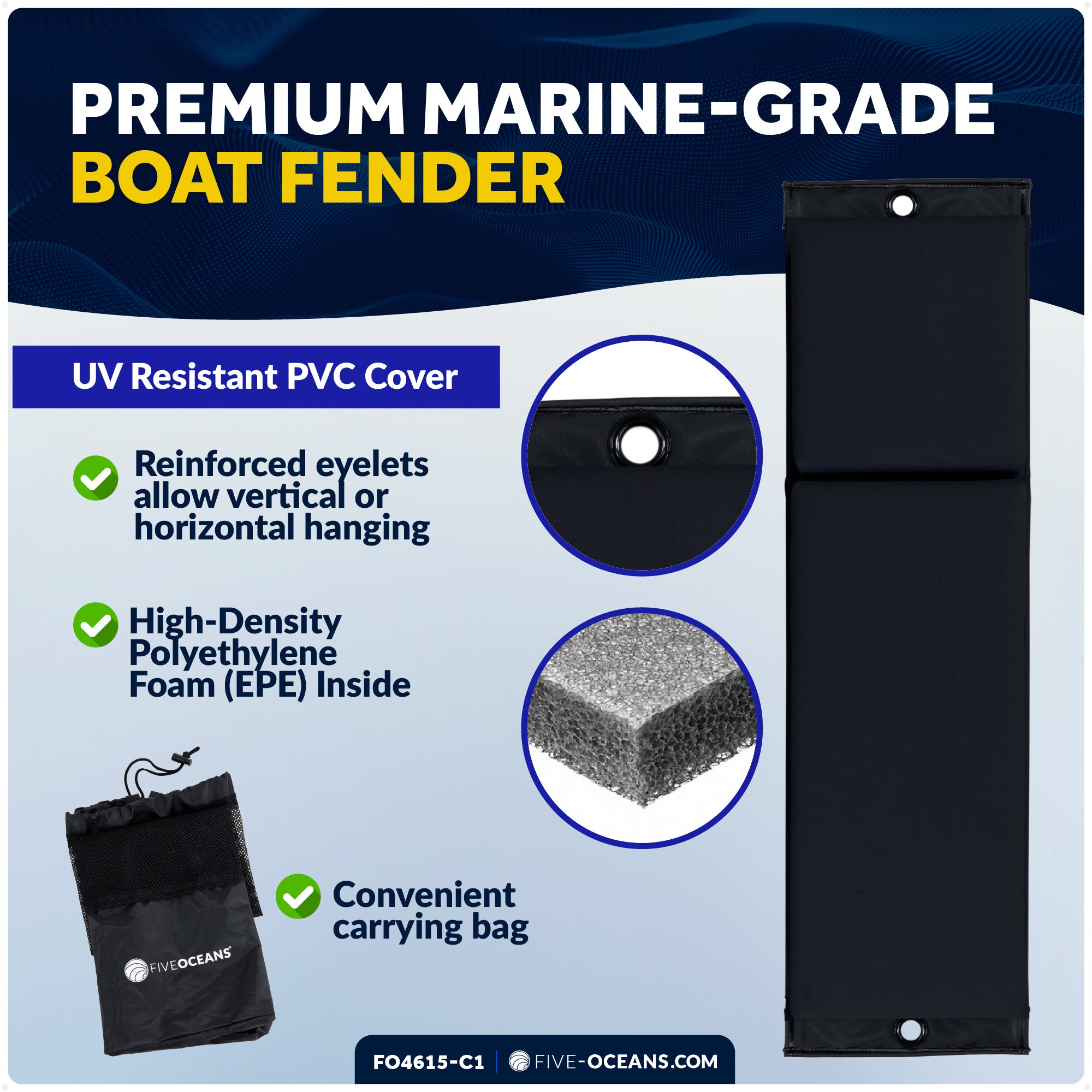 Flat Boat Fender Kit, 2-Pack Black 24" x 6-7/8" x 2-1/2", Includes 1/2" x 15' Dock Lines - FO4615-C1