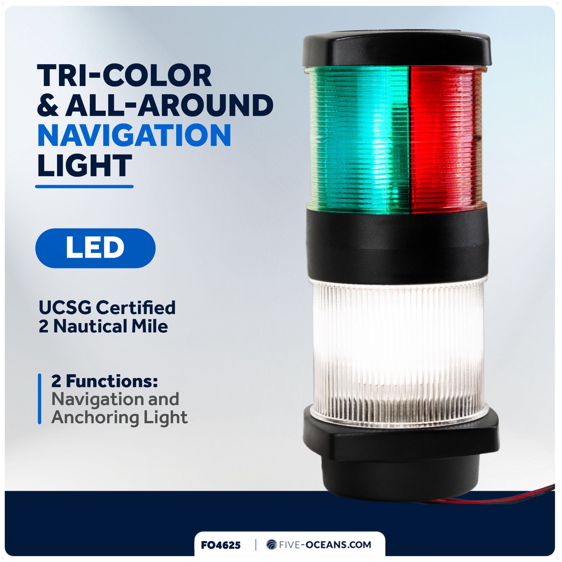 LED Tri-Color Anchor Navigation Light, Vertical Mount, 2 NM - FO4625 - Five Oceans
