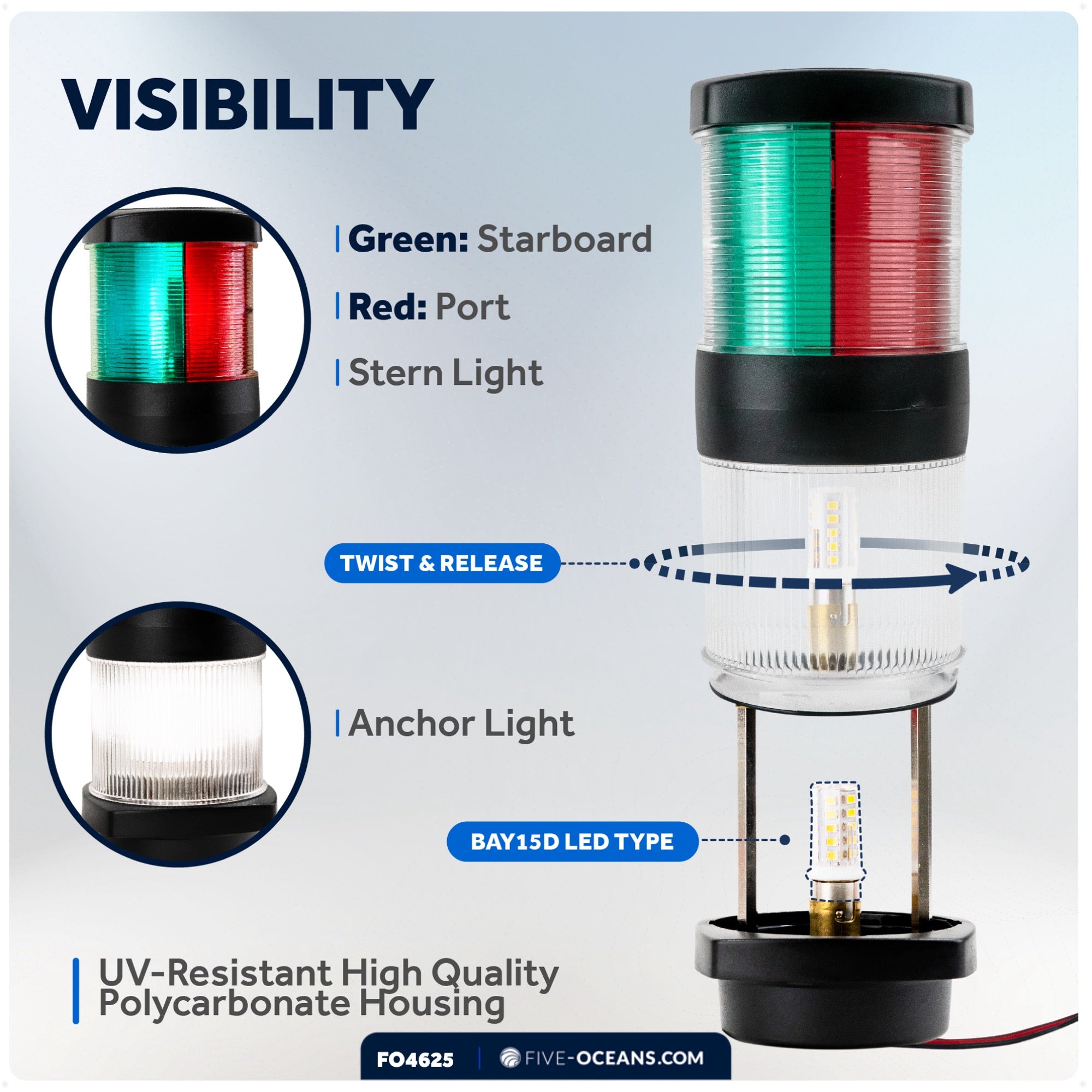 LED Tri-Color Anchor Navigation Light, Vertical Mount, 2 NM - FO4625 - Five Oceans