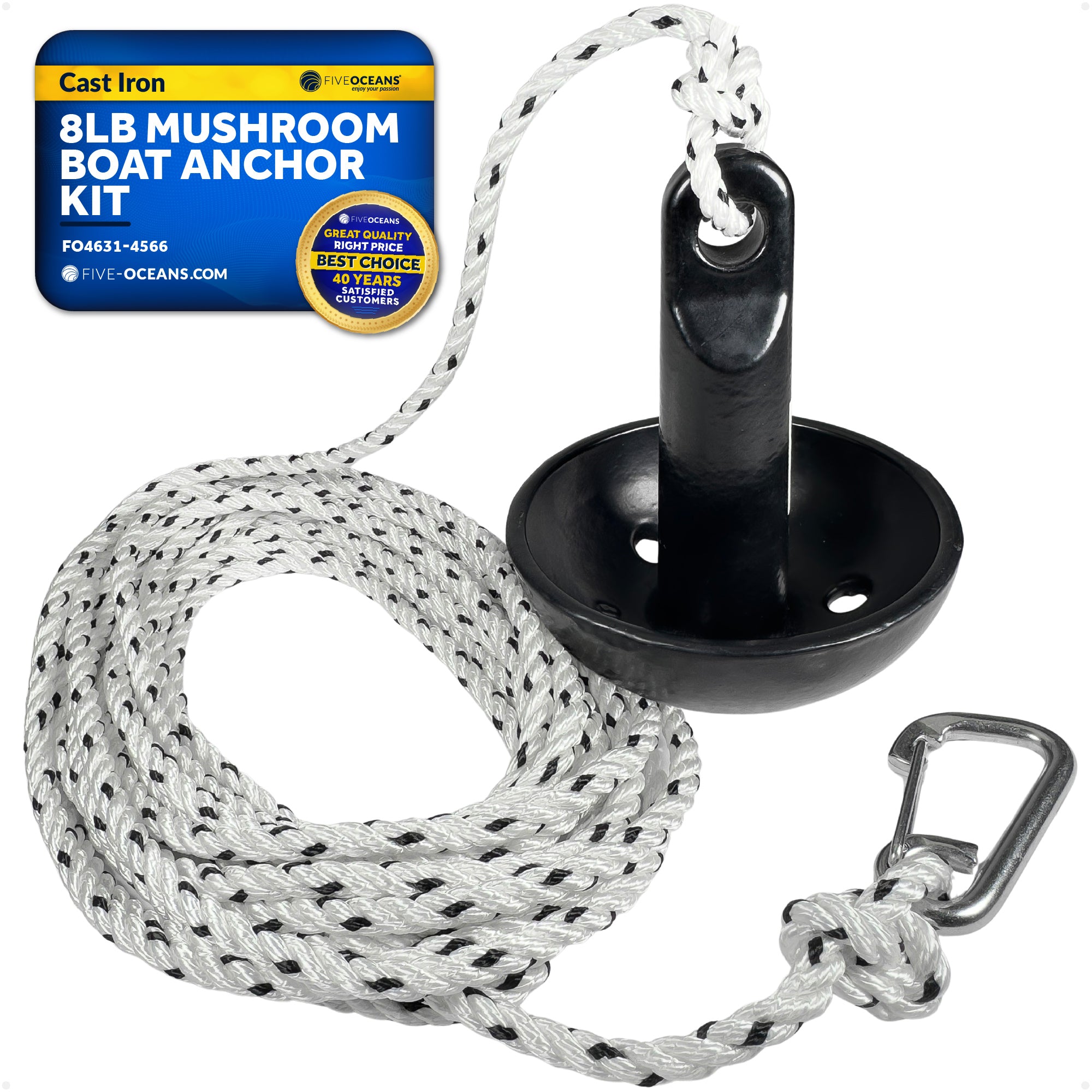 8 Lb Mushroom Boat Anchor Kit, Black PVC Vinyl Coating, 5/16"x30' 3-Strand Rope, Marine Snap Hook - 4631-4566 - Five Oceans