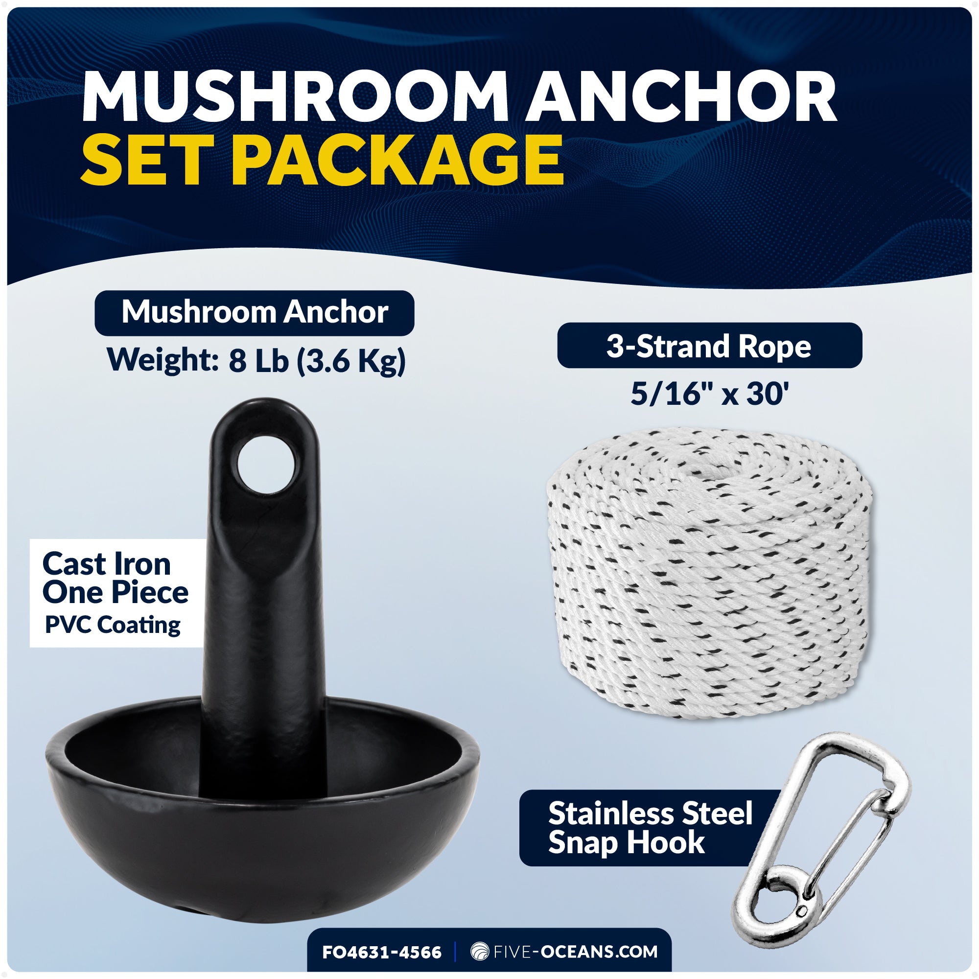 8 Lb Mushroom Boat Anchor Kit, Black PVC Vinyl Coating, 5/16"x30' 3-Strand Rope, Marine Snap Hook - 4631-4566 - Five Oceans