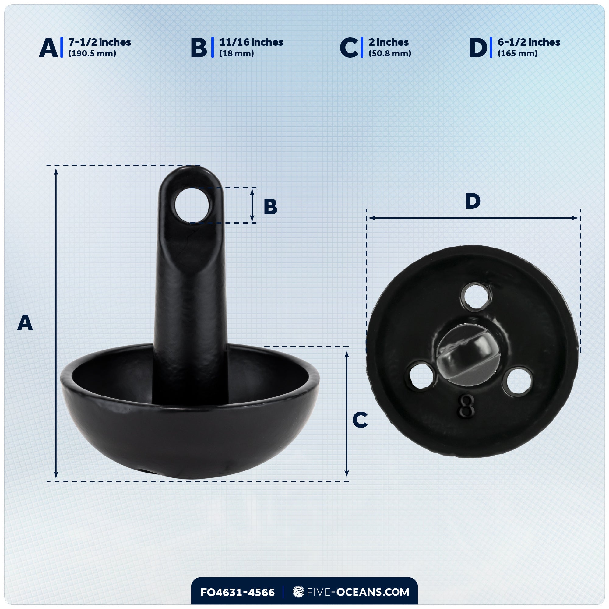 8 Lb Mushroom Boat Anchor Kit, Black PVC Vinyl Coating, 5/16"x30' 3-Strand Rope, Marine Snap Hook - 4631-4566 - Five Oceans