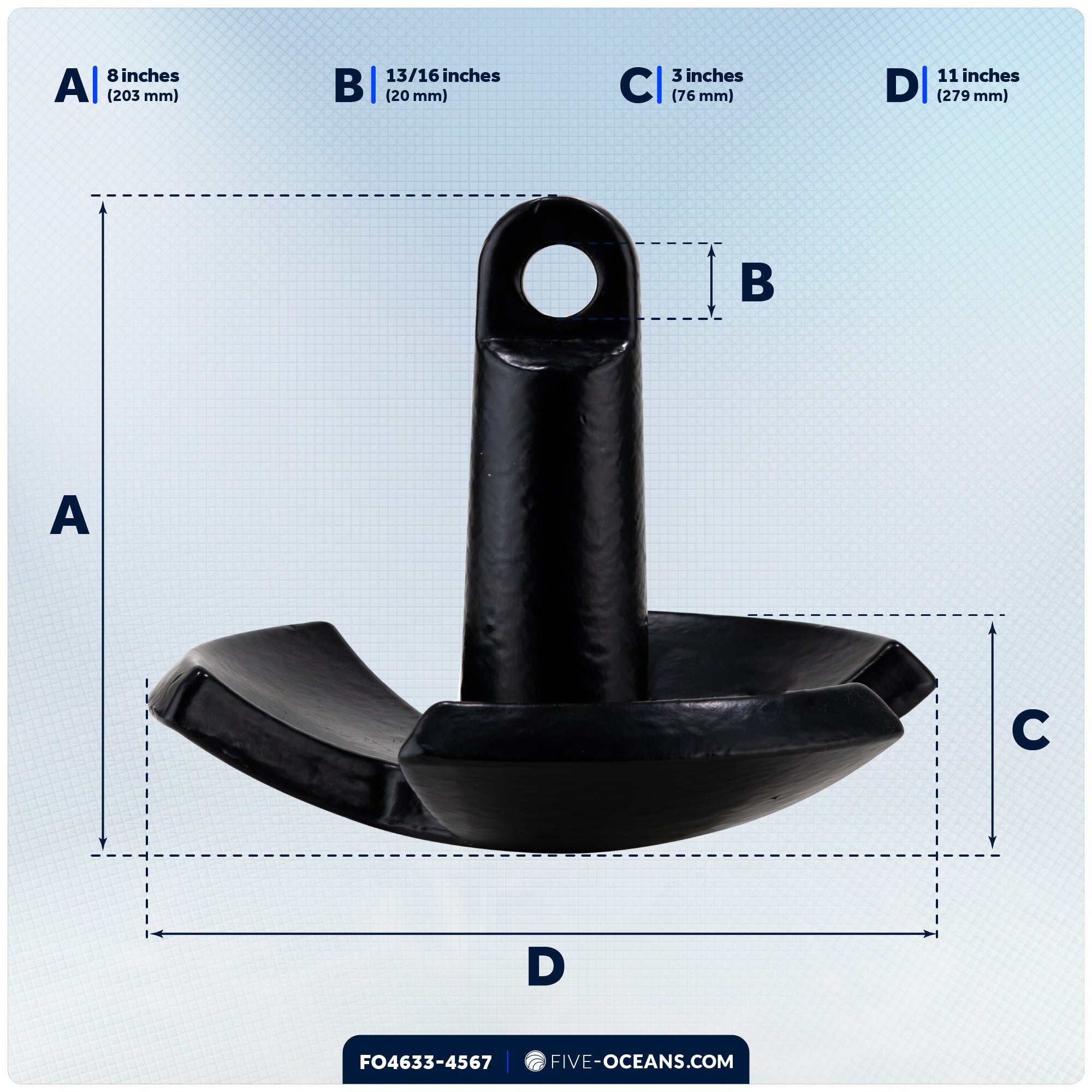 20 Lb River Boat Anchor Kit, Black PVC Vinyl Coating, 3/8"x50' 3-Strand Rope, Marine Snap Hook - 4633-4567 - Five Oceans