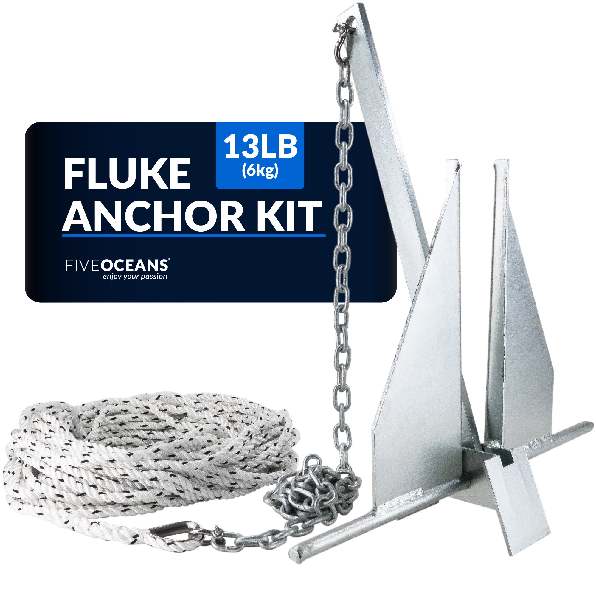 Boat Fluke Anchor Kit, 13 Lb Hot Dipped Galvanized, Rope, Chain and Sh