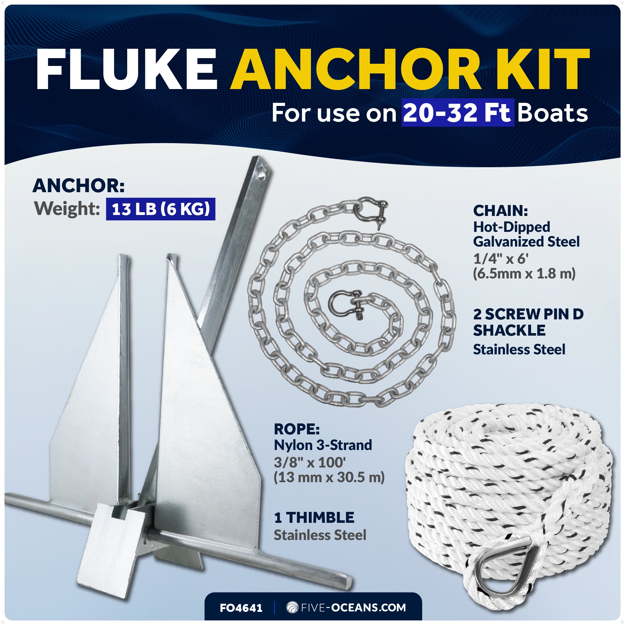 13 Lb Boat Fluke Anchor Kit, Hot Dipped Galvanized, Rope, Chain and Shackle - FO4641 - Five Oceans