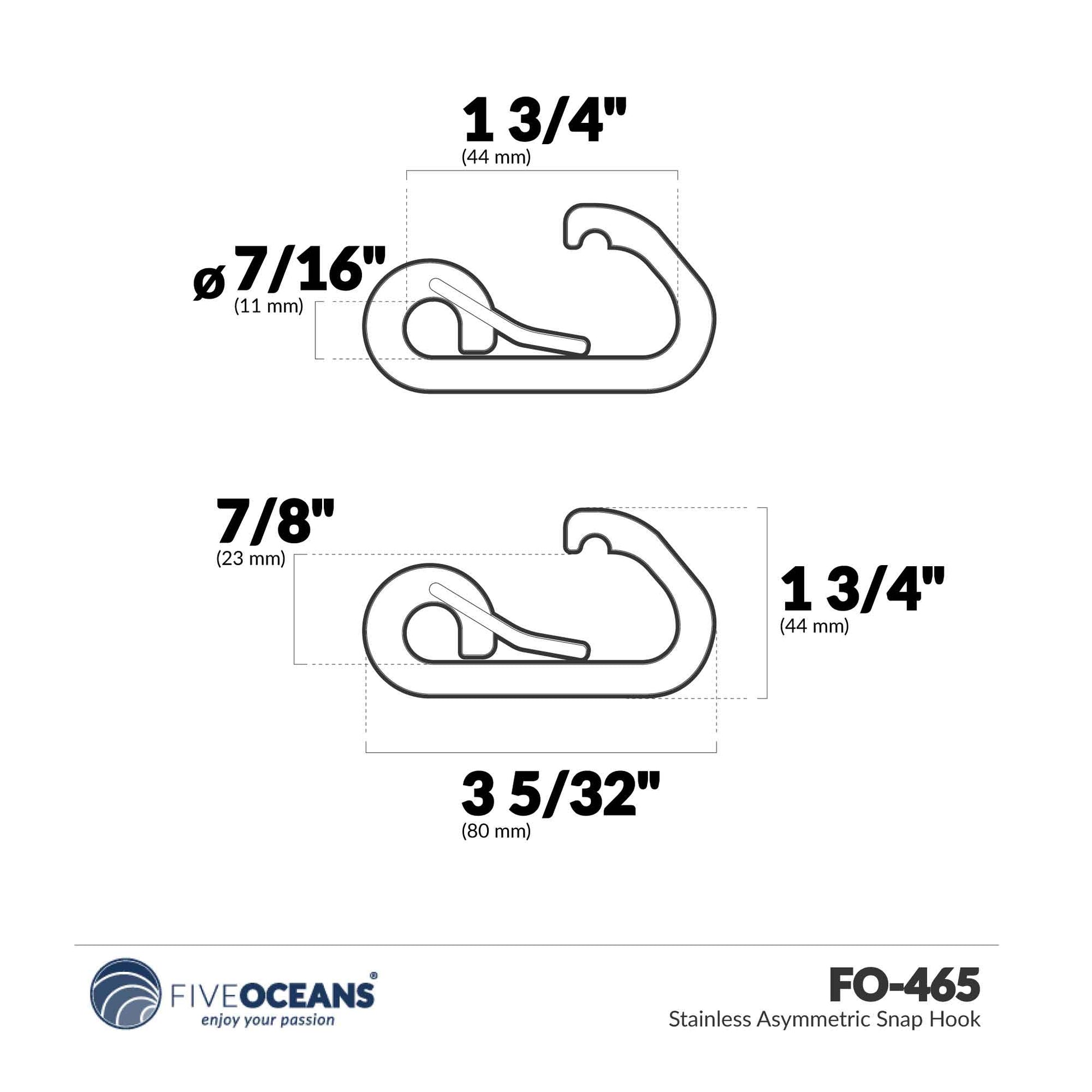 Asymmetric Snap Hook, Stainless Steel, 3-1/8" 4-Pack - FO465-M4 - Five Oceans