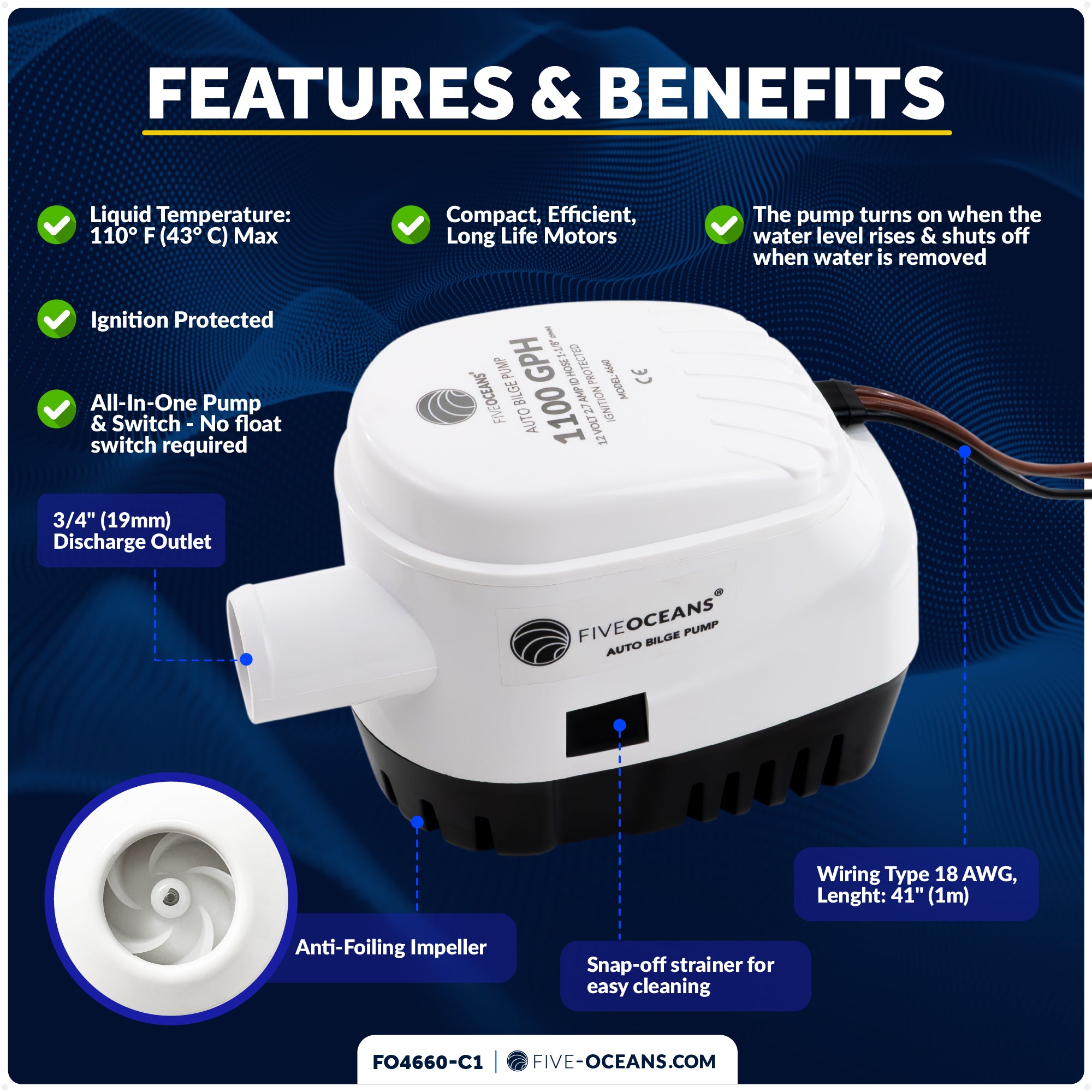 1100 GPH / 4164 LPH Automatic Bilge Pump Plumbing Kit, 12V, 1-1/8" (29mm) Hose and Thru-hull Fitting, 41" 18-Gauge Wire - FO4660-C1