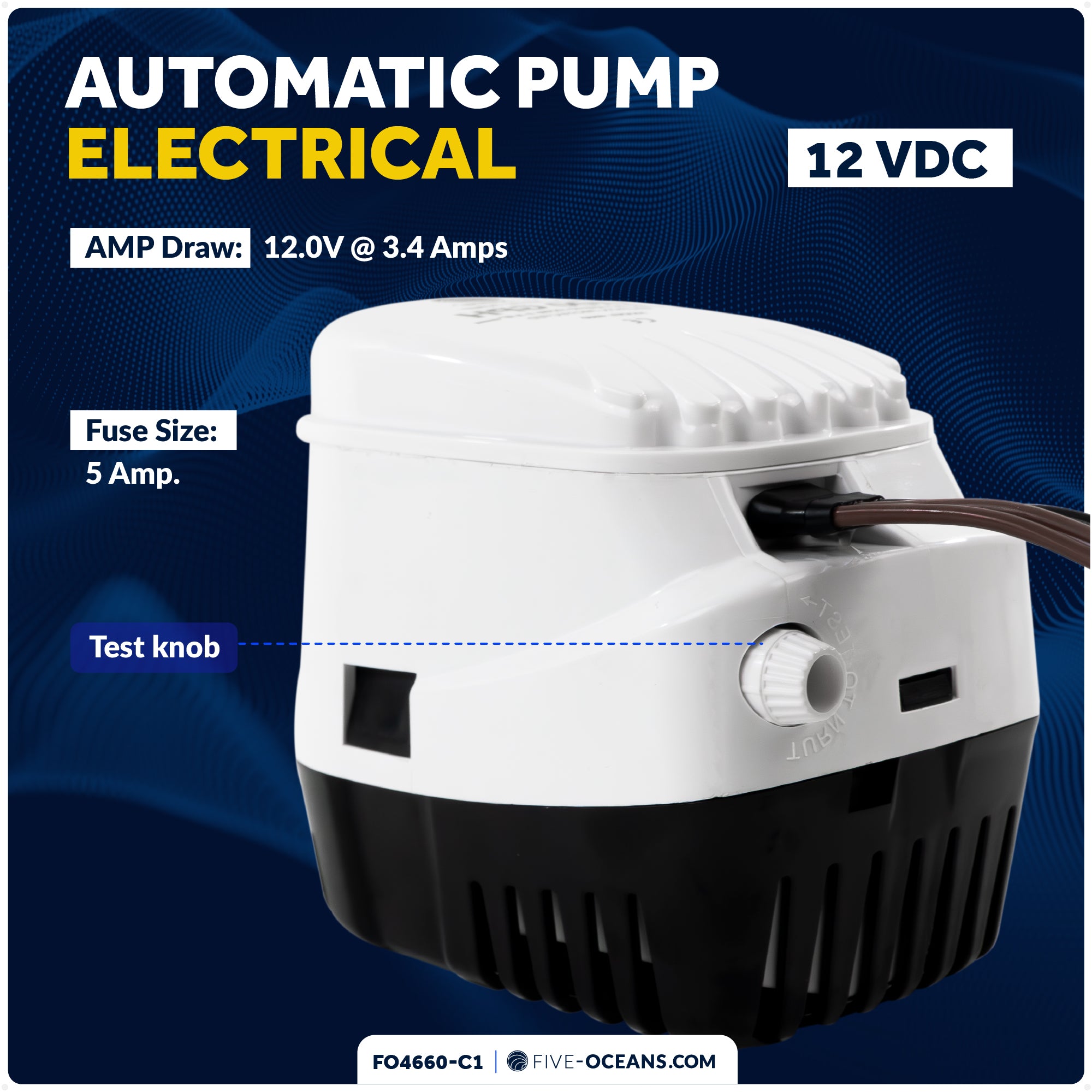 1100 GPH / 4164 LPH Automatic Bilge Pump Plumbing Kit, 12V, 1-1/8" (29mm) Hose and Thru-hull Fitting, 41" 18-Gauge Wire - FO4660-C1