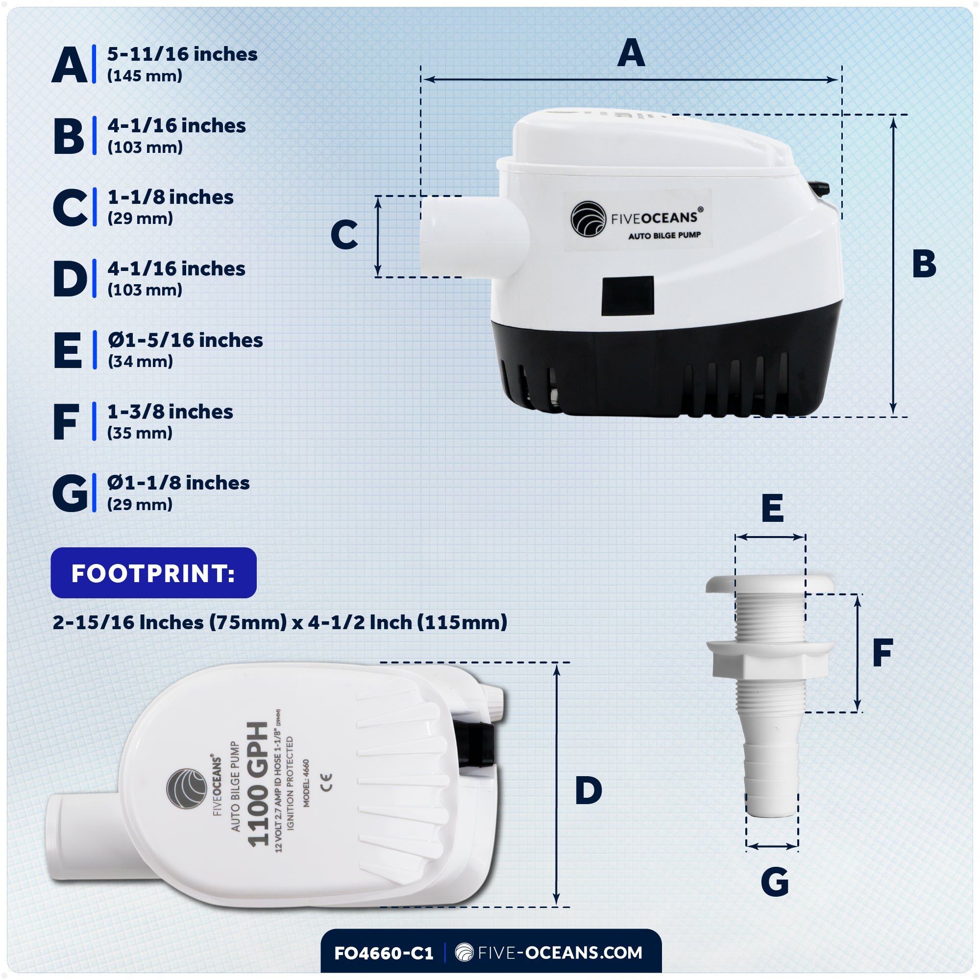 1100 GPH / 4164 LPH Automatic Bilge Pump Plumbing Kit, 12V, 1-1/8" (29mm) Hose and Thru-hull Fitting, 41" 18-Gauge Wire - FO4660-C1