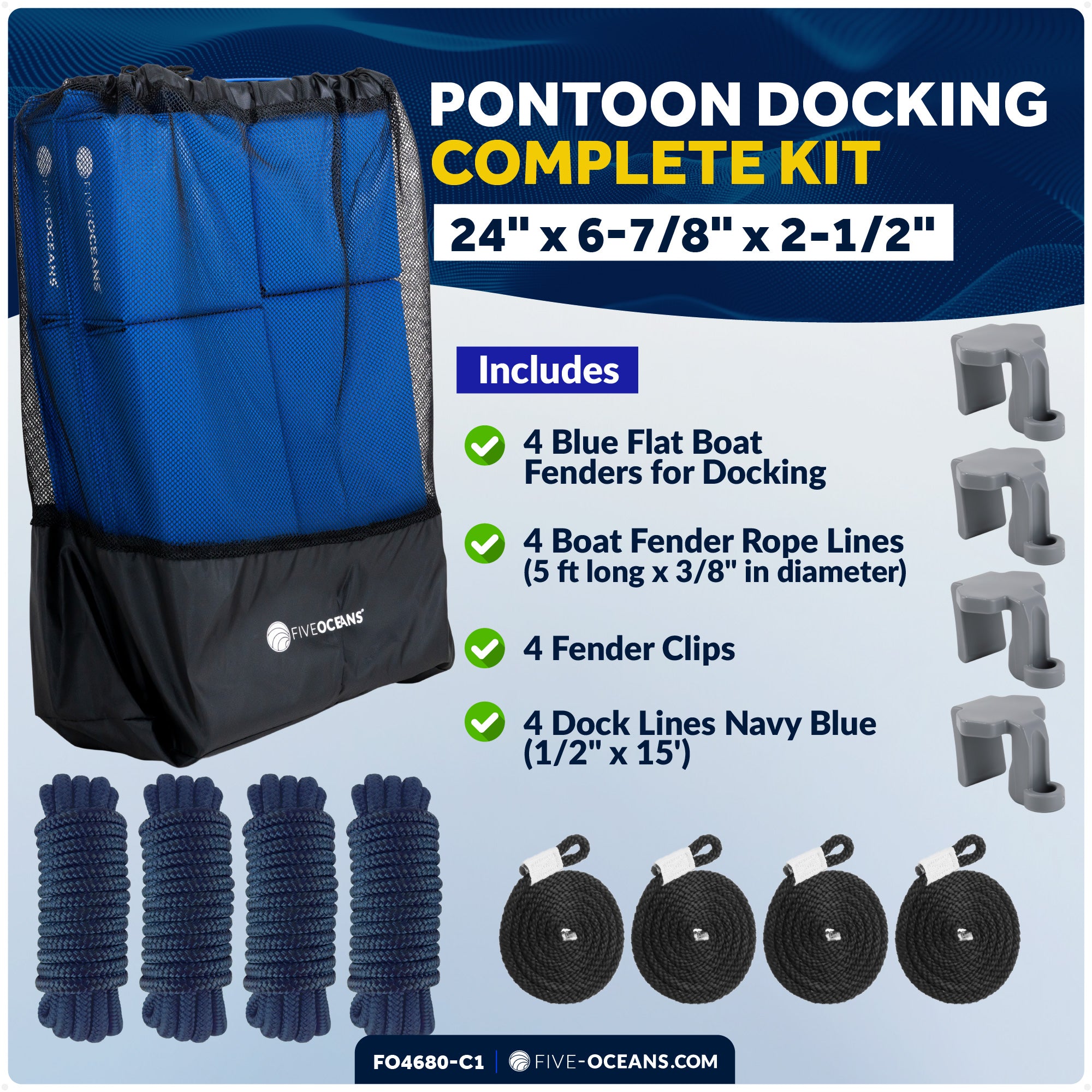 Pontoon Docking Kit - 4-Pack Blue Flat Fender 24" x 6-7/8" x 2-1/2", Dock Lines 1/2" x 15' and Fender Clips - FO4680-C1