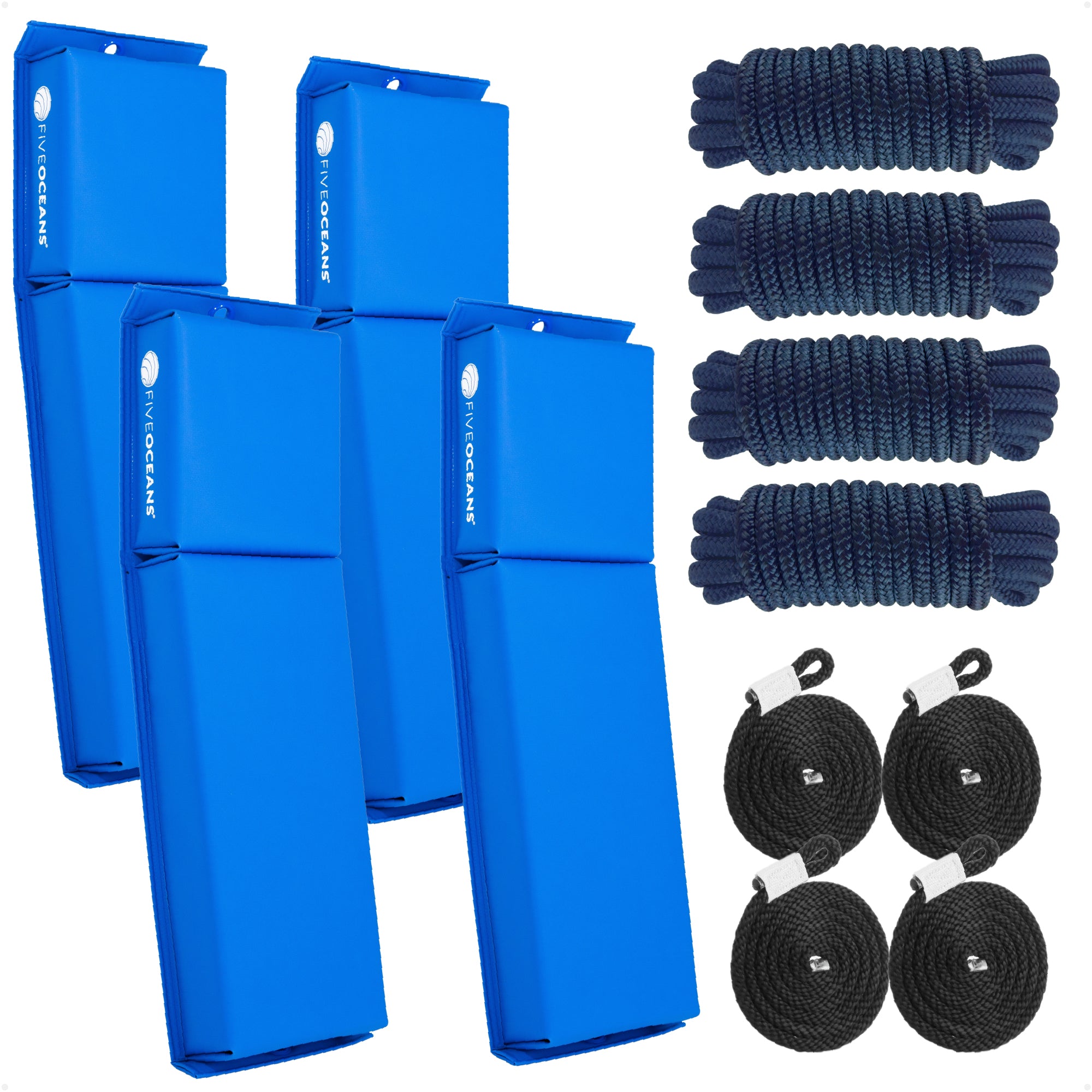 Flat Boat Fender Kit, 4-Pack Blue 24" x 6-7/8" x 2-1/2", Includes 1/2" x 15' Dock Lines - FO4680-C2 - Five Oceans