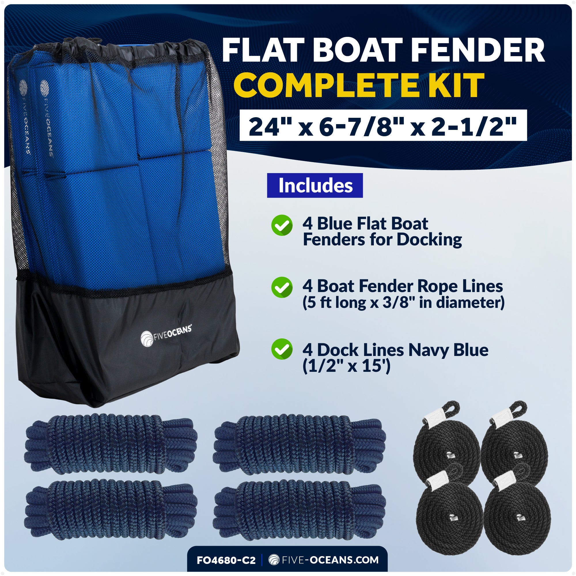 Flat Boat Fender Kit, 4-Pack Blue 24" x 6-7/8" x 2-1/2", Includes 1/2" x 15' Dock Lines - FO4680-C2 - Five Oceans