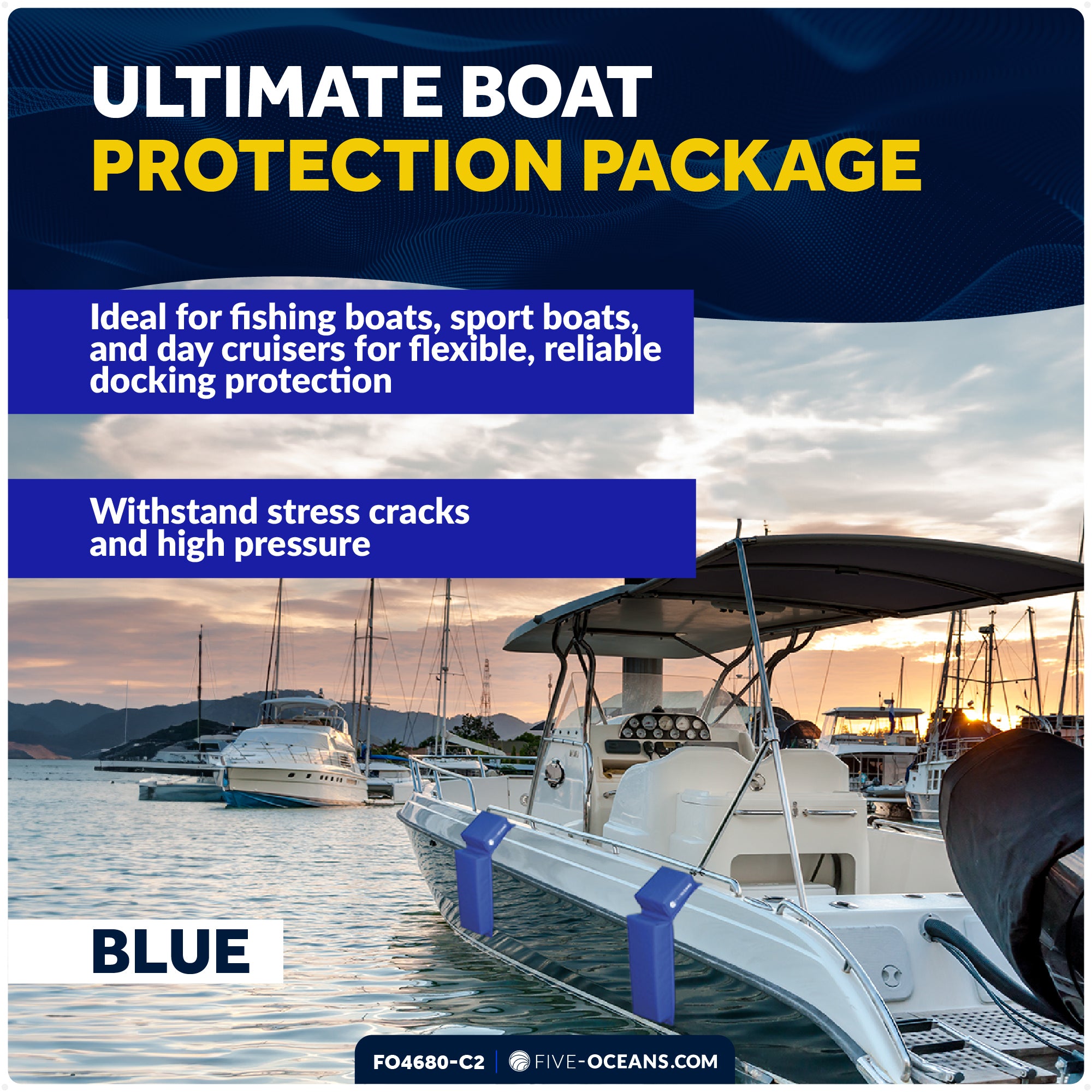 Flat Boat Fender Kit, 4-Pack Blue 24" x 6-7/8" x 2-1/2", Includes 1/2" x 15' Dock Lines - FO4680-C2 - Five Oceans