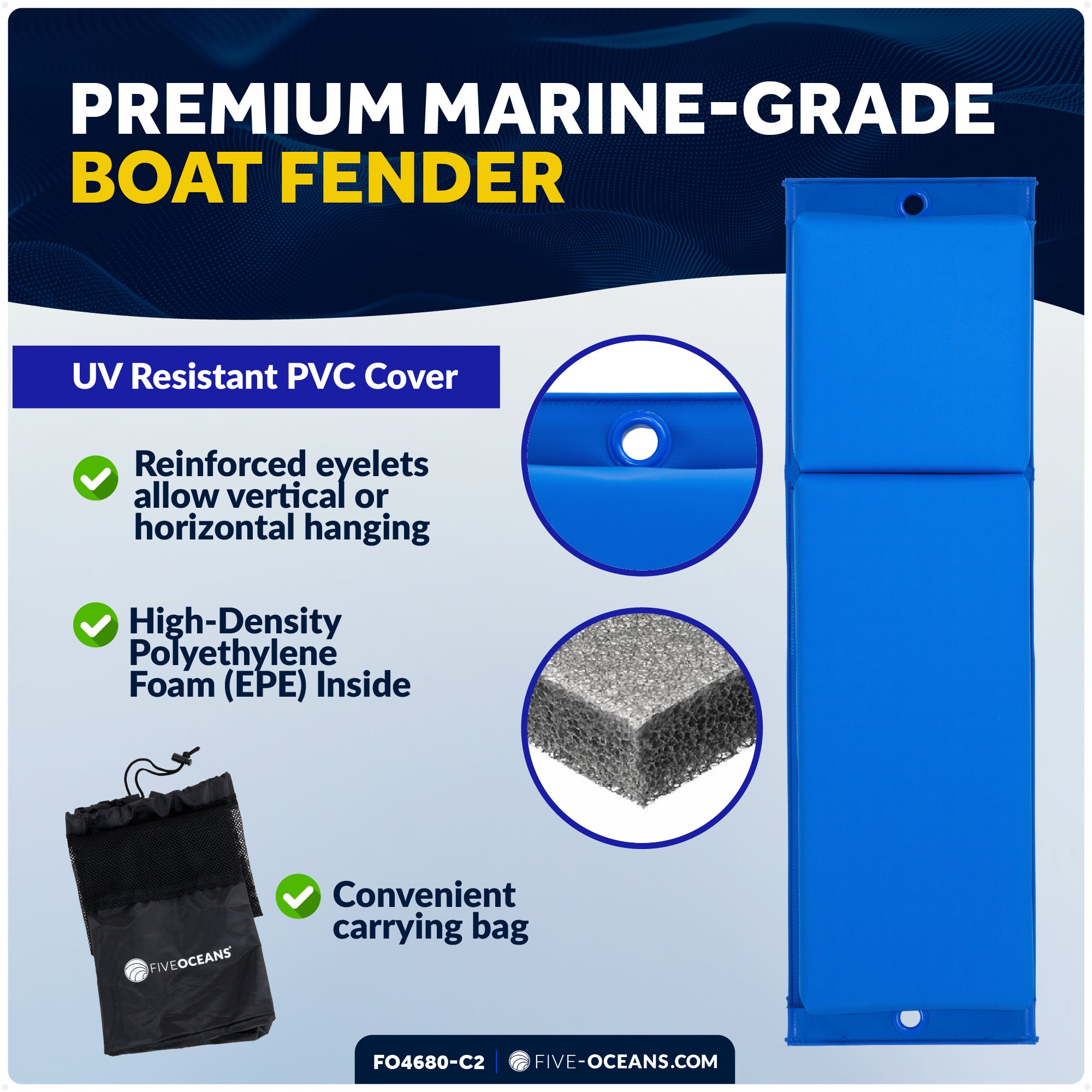 Flat Boat Fender Kit, 4-Pack Blue 24" x 6-7/8" x 2-1/2", Includes 1/2" x 15' Dock Lines - FO4680-C2 - Five Oceans