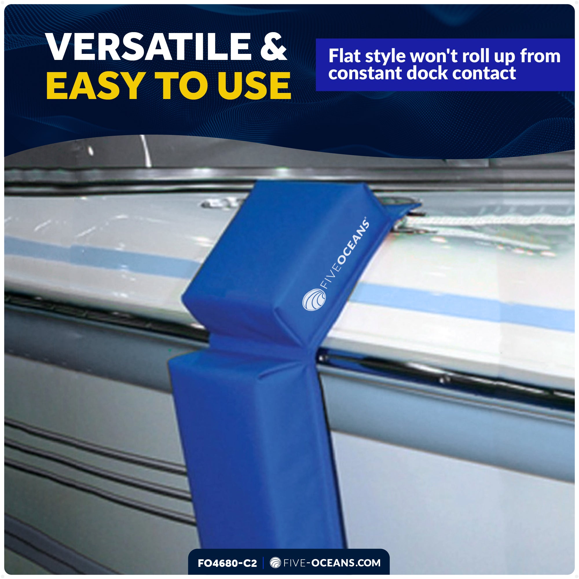 Flat Boat Fender Kit, 4-Pack Blue 24" x 6-7/8" x 2-1/2", Includes 1/2" x 15' Dock Lines - FO4680-C2 - Five Oceans