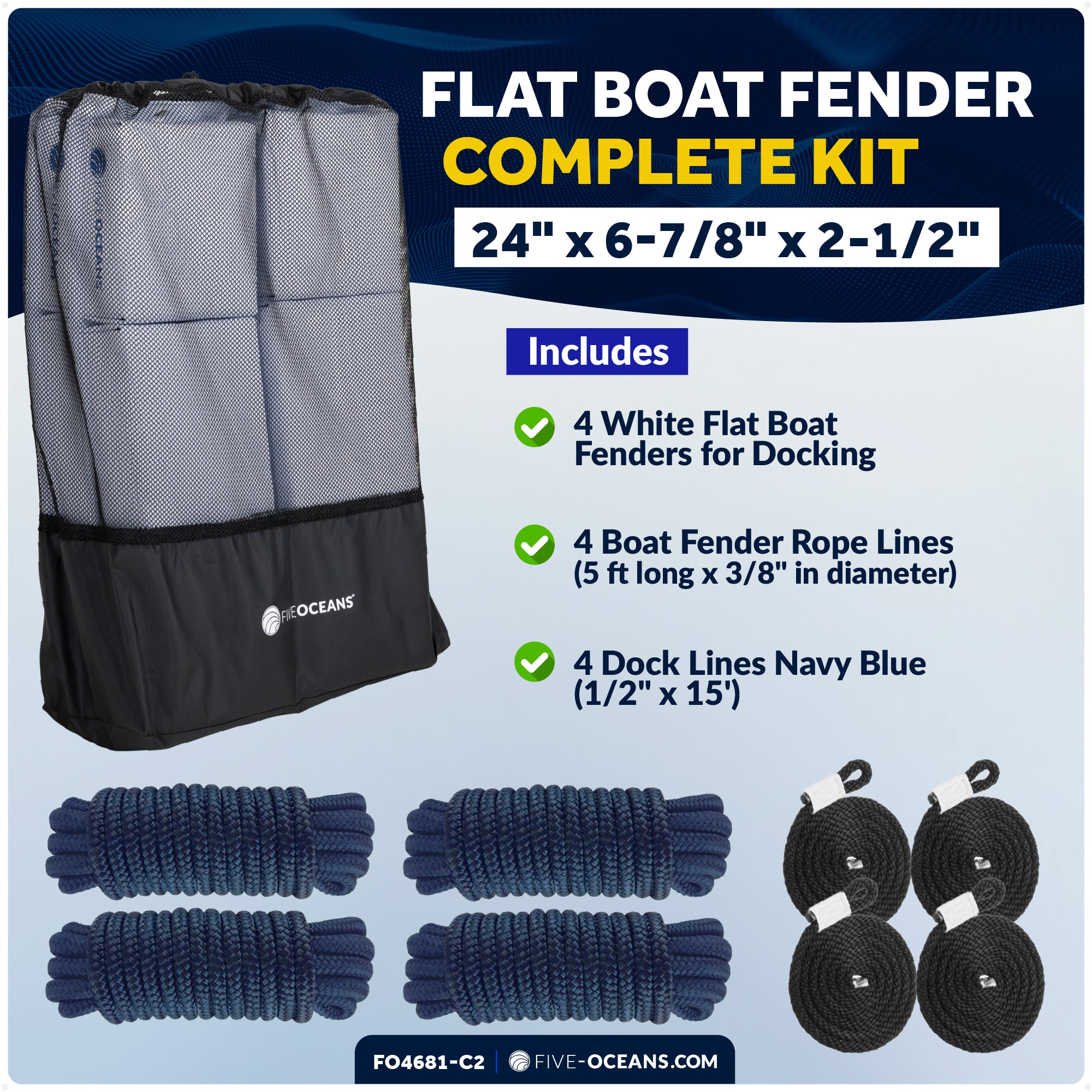 Flat Boat Fender Kit, 4-Pack White 24" x 6-7/8" x 2-1/2", Includes 1/2" x 15' Dock Lines - FO4681-C2 - Five Oceans