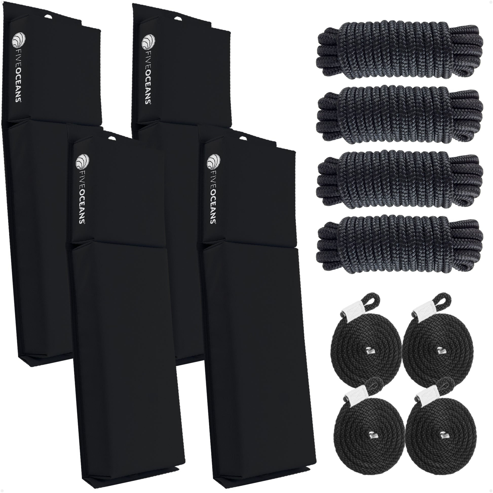 Flat Boat Fender Kit, 4-Pack Black 24" x 6-7/8" x 2-1/2", Includes 1/2" x 15' Dock Lines - FO4682-C2 - Five Oceans