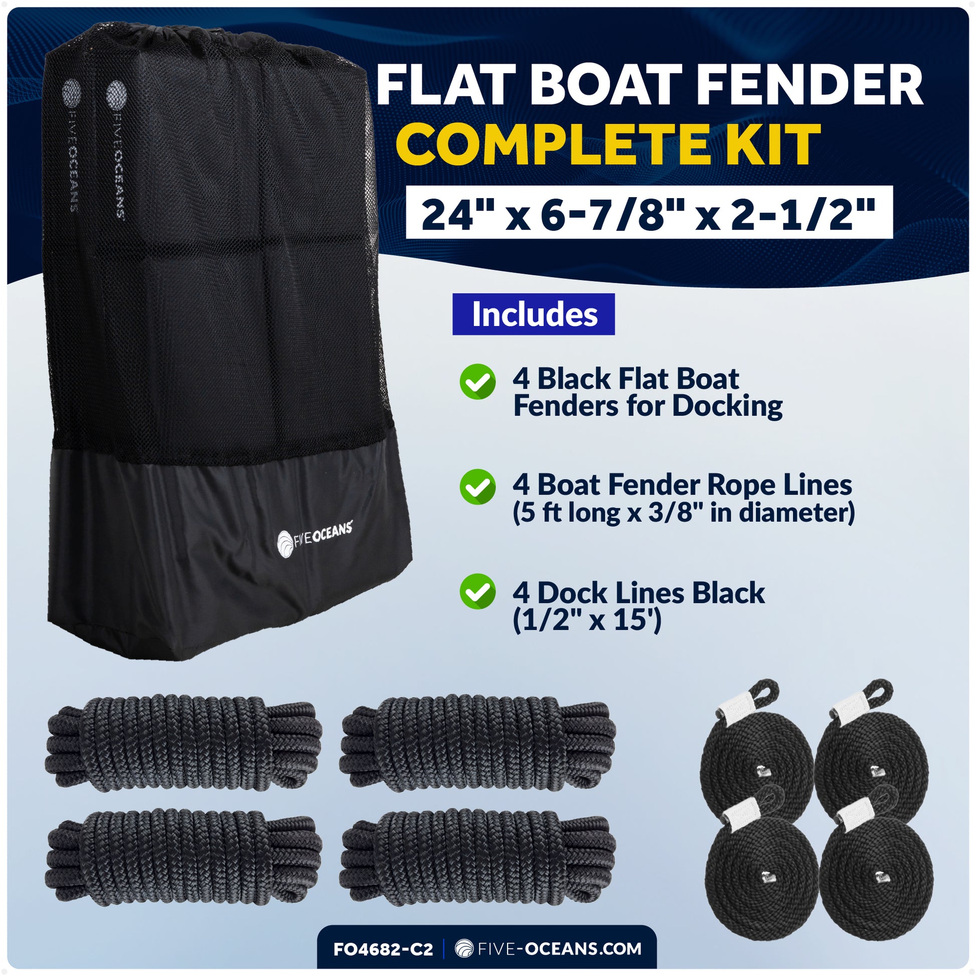 Flat Boat Fender Kit, 4-Pack Black 24" x 6-7/8" x 2-1/2", Includes 1/2" x 15' Dock Lines - FO4682-C2 - Five Oceans