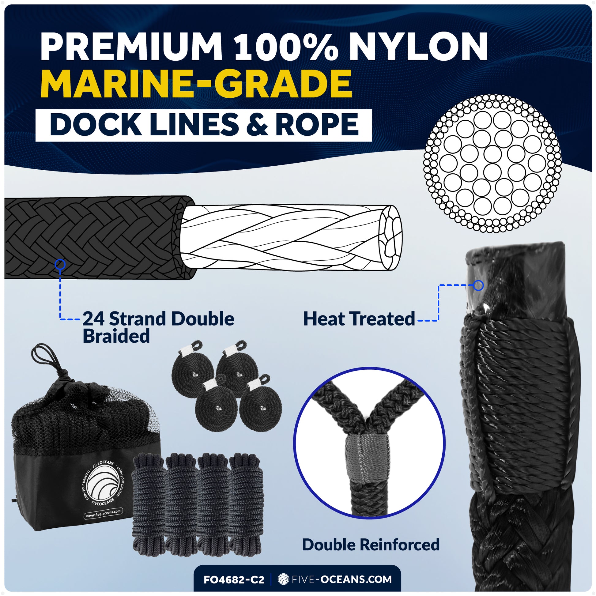 Flat Boat Fender Kit, 4-Pack Black 24" x 6-7/8" x 2-1/2", Includes 1/2" x 15' Dock Lines - FO4682-C2 - Five Oceans