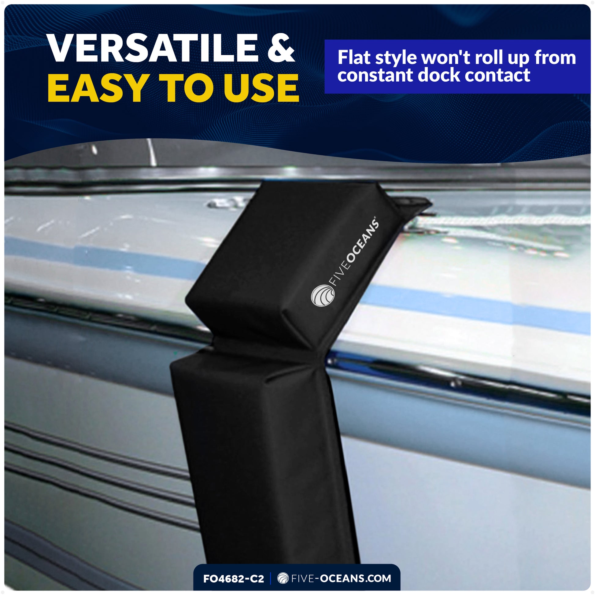 Flat Boat Fender Kit, 4-Pack Black 24" x 6-7/8" x 2-1/2", Includes 1/2" x 15' Dock Lines - FO4682-C2 - Five Oceans