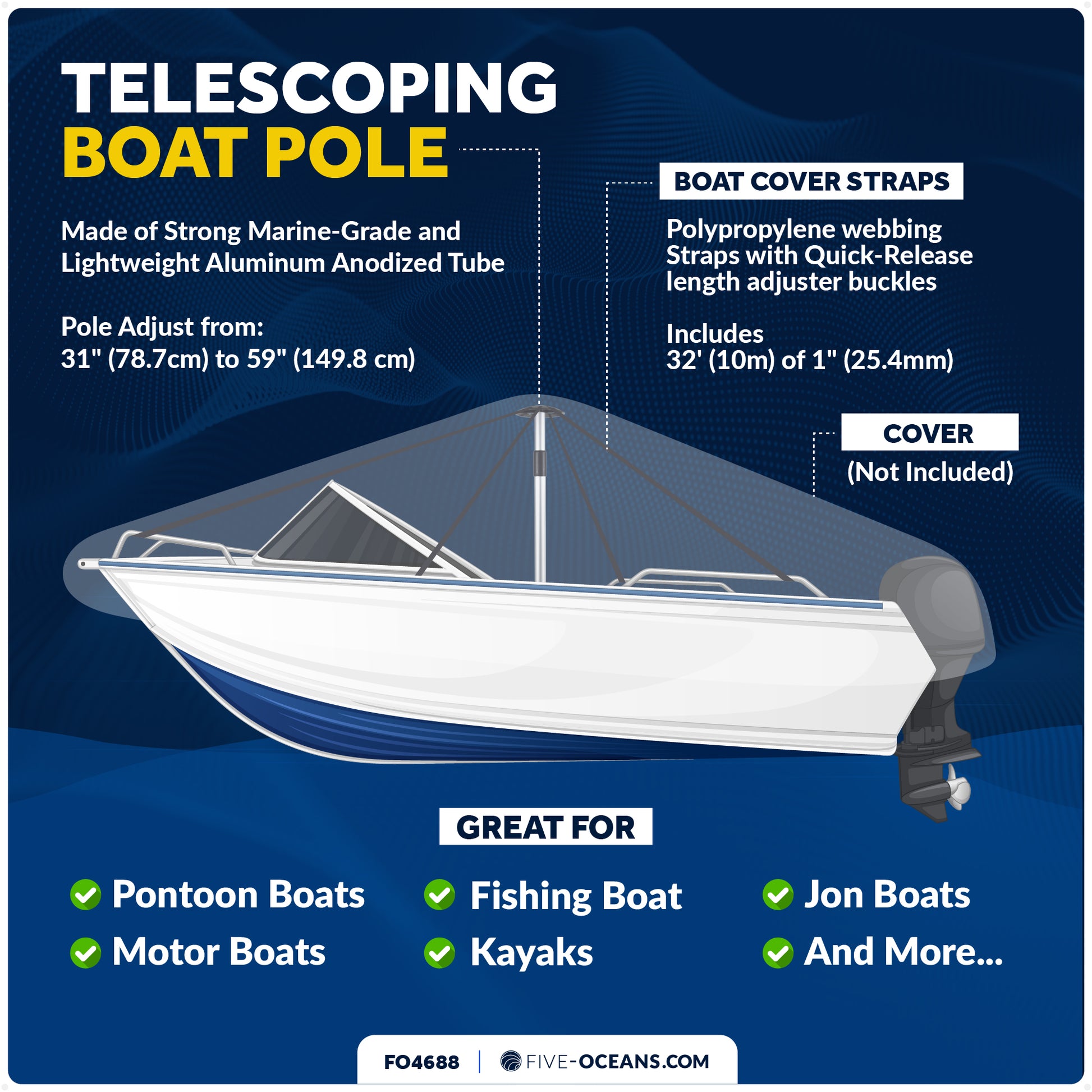 Boat Cover Support Poles, Adjustable 31"-59" - FO4688 - Five Oceans