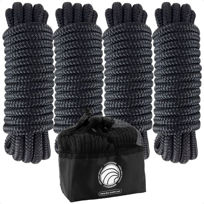 3/8" x 15' Dock Lines, Black, Double Braid Nylon, 4-Pack