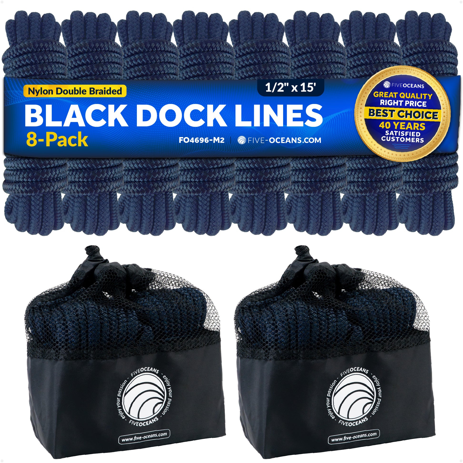 1/2" x 15' Boat Dock Lines with 12" Eyelet, Navy Blue Premium Double Braid Nylon, 8-Pack - FO4696-M2 - Five Oceans