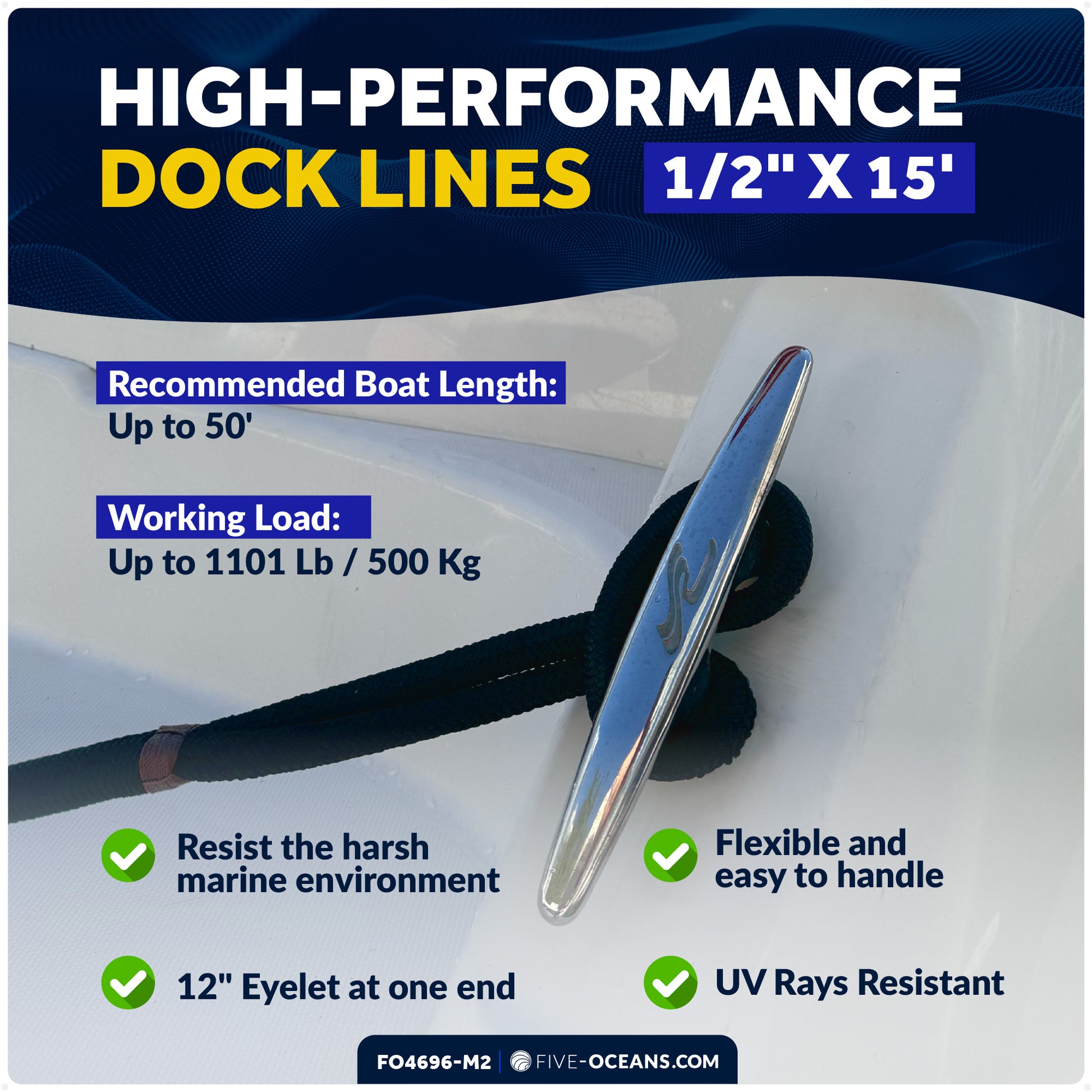 1/2" x 15' Boat Dock Lines with 12" Eyelet, Navy Blue Premium Double Braid Nylon, 8-Pack - FO4696-M2 - Five Oceans